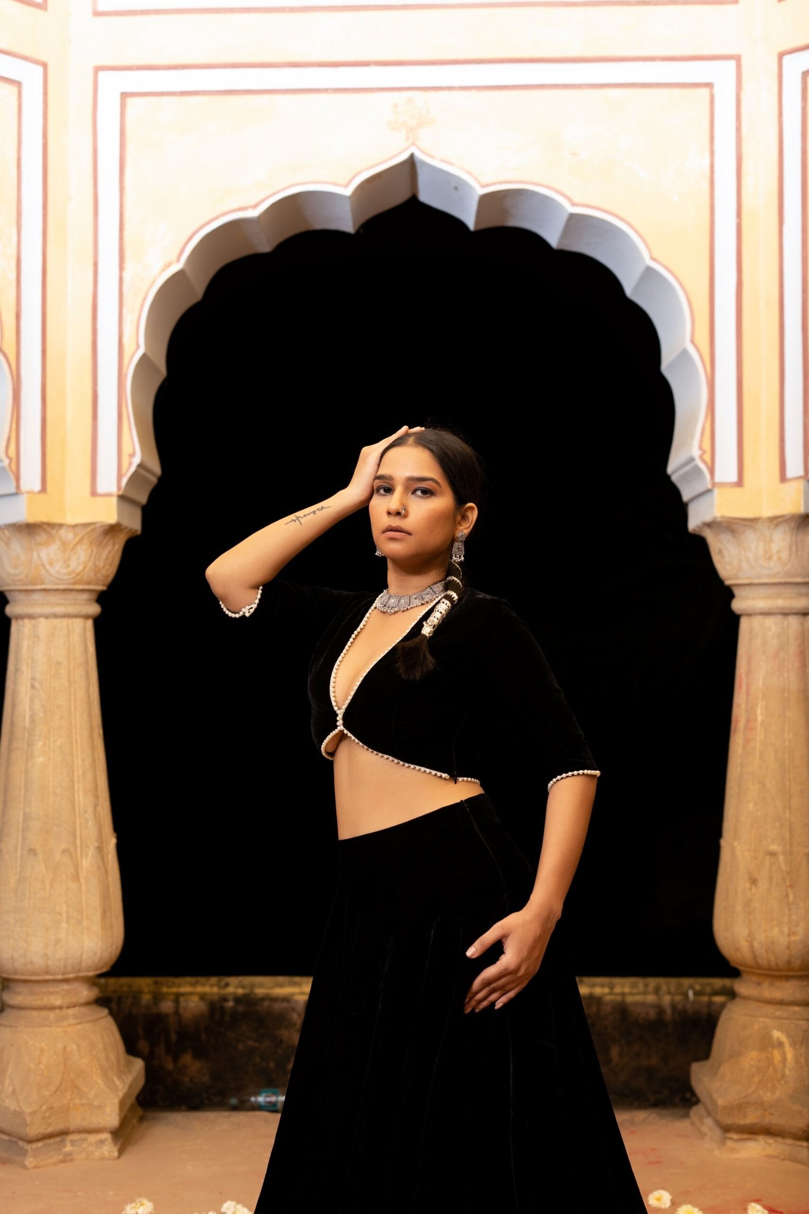 Black Velvet Beaded Lehenga Set