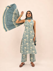 Teal Blue Printed Cotton Kurta Pant & Dupatta Set