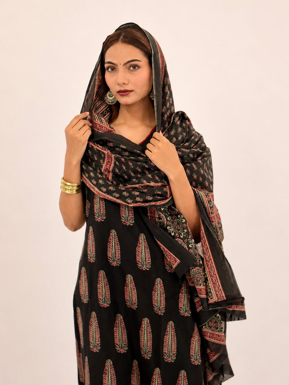 Black Printed Cotton Kurta Pant & Dupptta Set