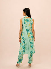 Mint Green Floral Cotton Kurta Pant & Chiffon Dupatta Set
