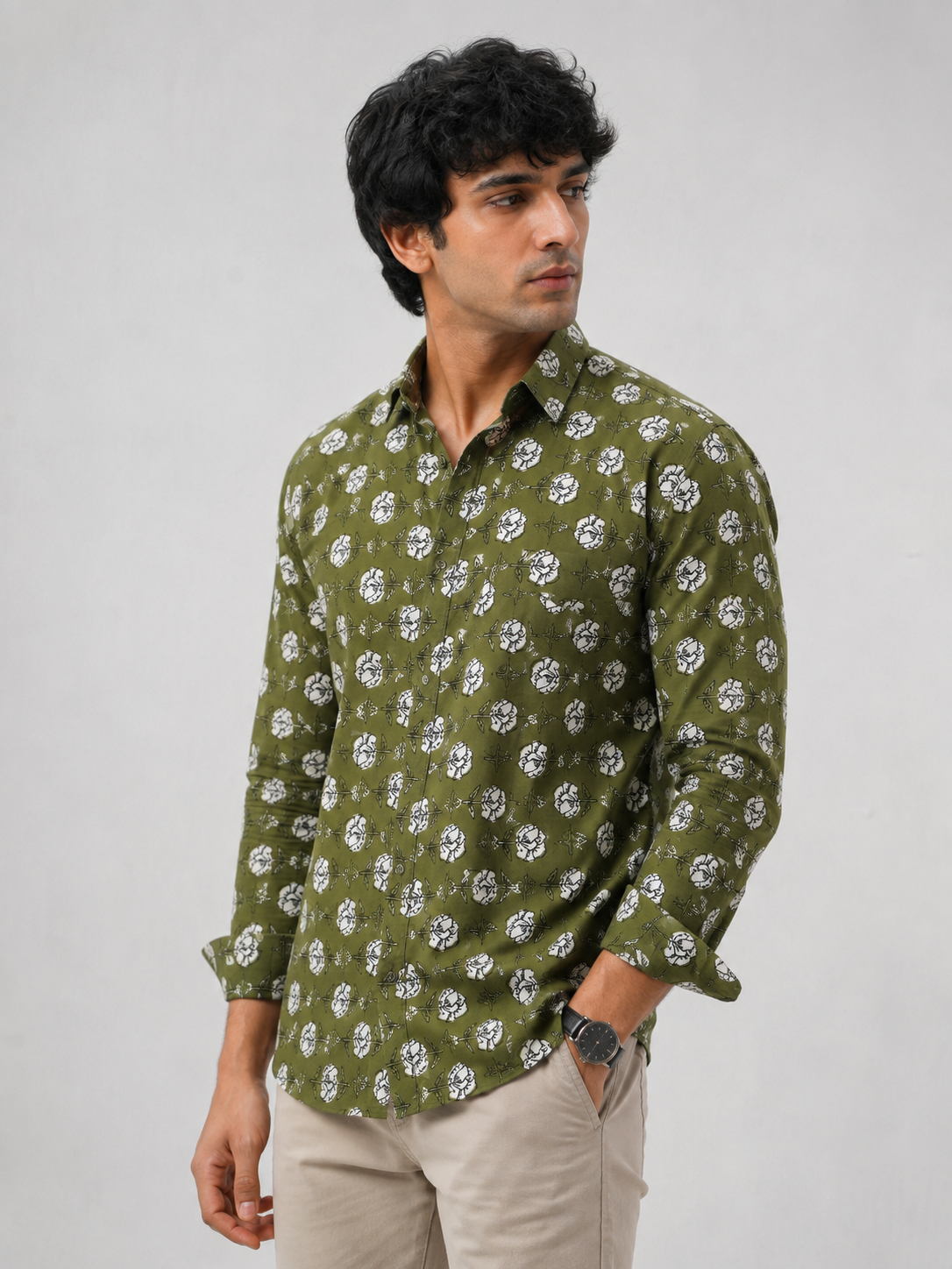 Men Olive Green Floral Printed Cotton Shirt