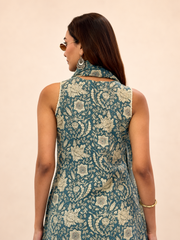 Teal Blue Printed Cotton Kurta Pant & Dupatta Set