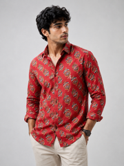 Men Red Paisley Printed Cotton Shirt