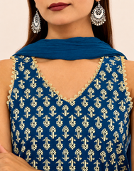 Royal Blue Printed Cotton Kurta Pant & Dupatta Set