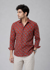 Men Brick Maroon Printed Cotton Shirt