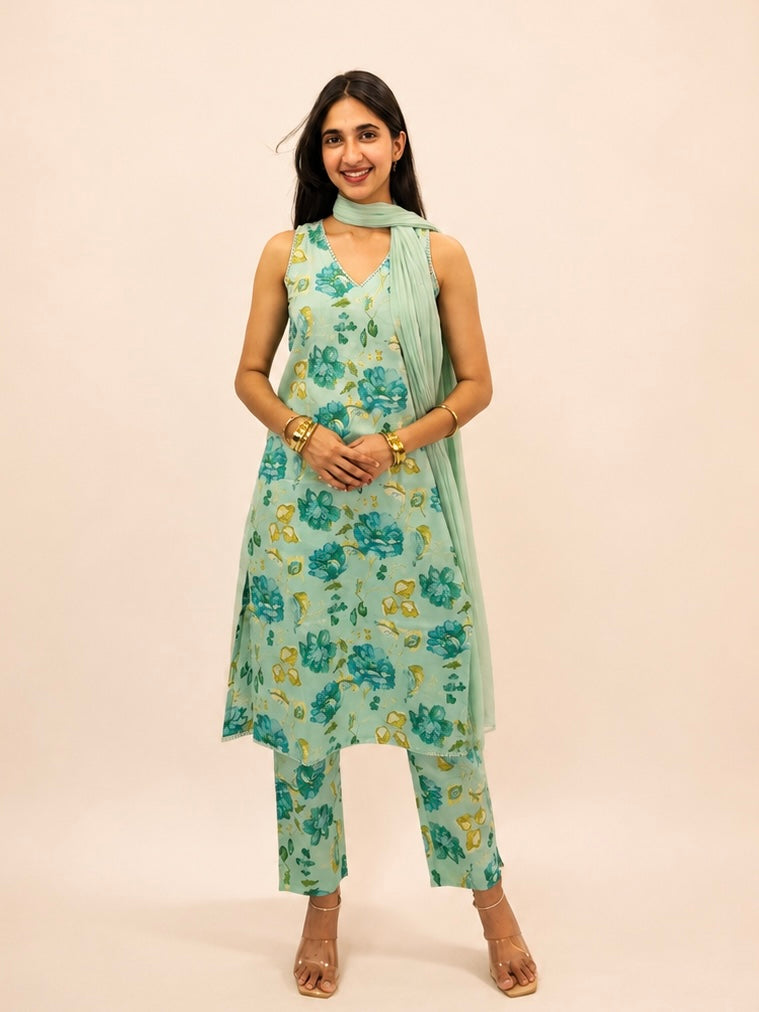 Mint Green Floral Cotton Kurta Pant & Chiffon Dupatta Set