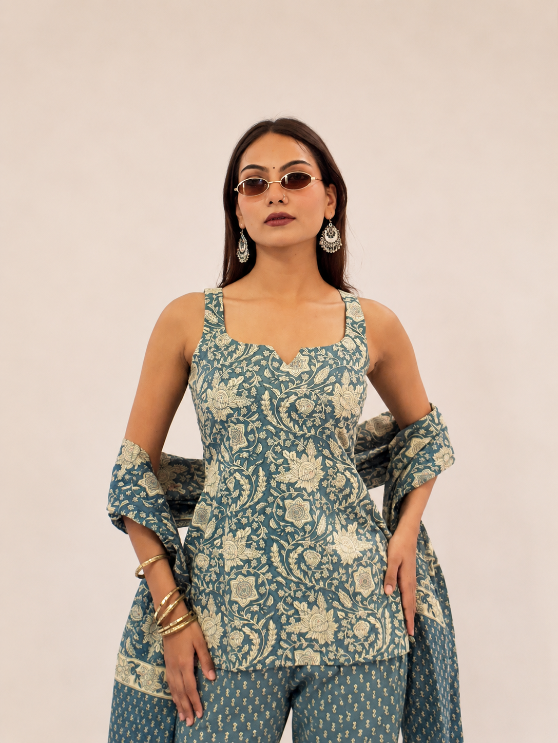 Teal Blue Printed Cotton Kurta Pant & Dupatta Set