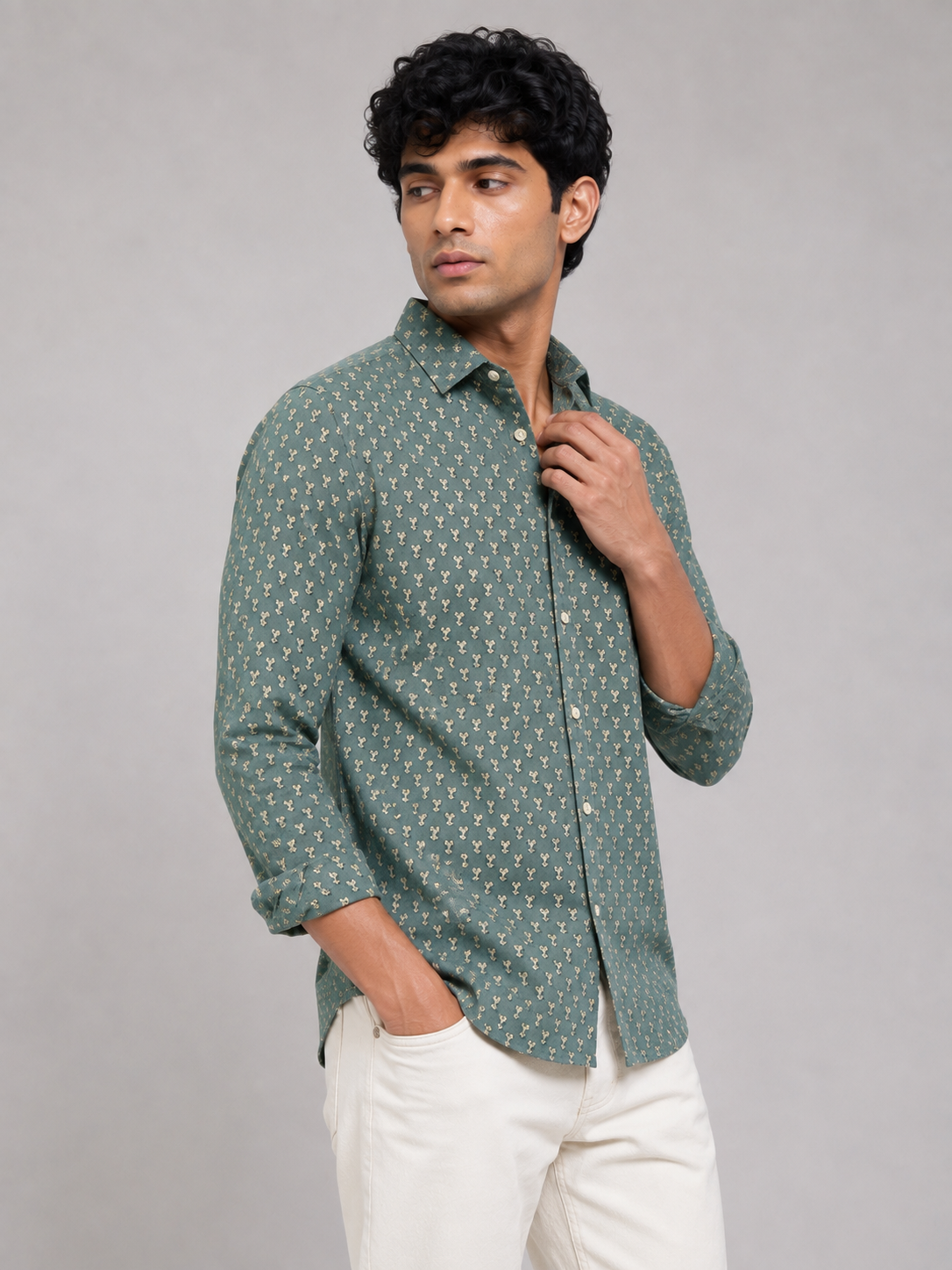 Men Sage Green Printed Cotton Shirt