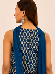 Royal Blue Printed Cotton Kurta Pant & Dupatta Set