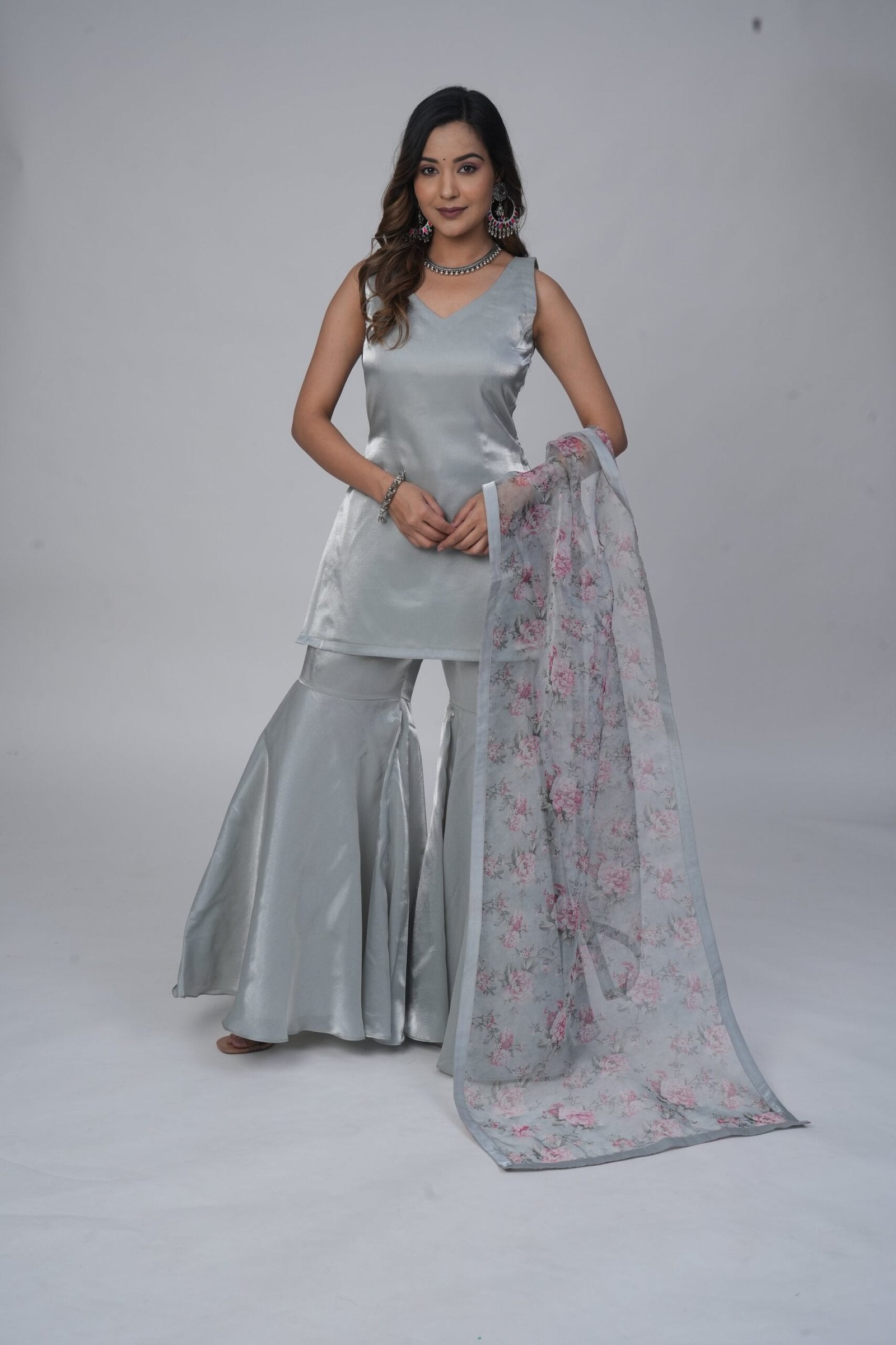 Silver Silk Sharara Set