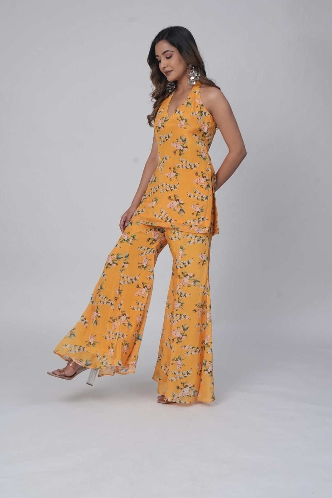 Sunflower Bloom Halter Neck Kurti with Sharara