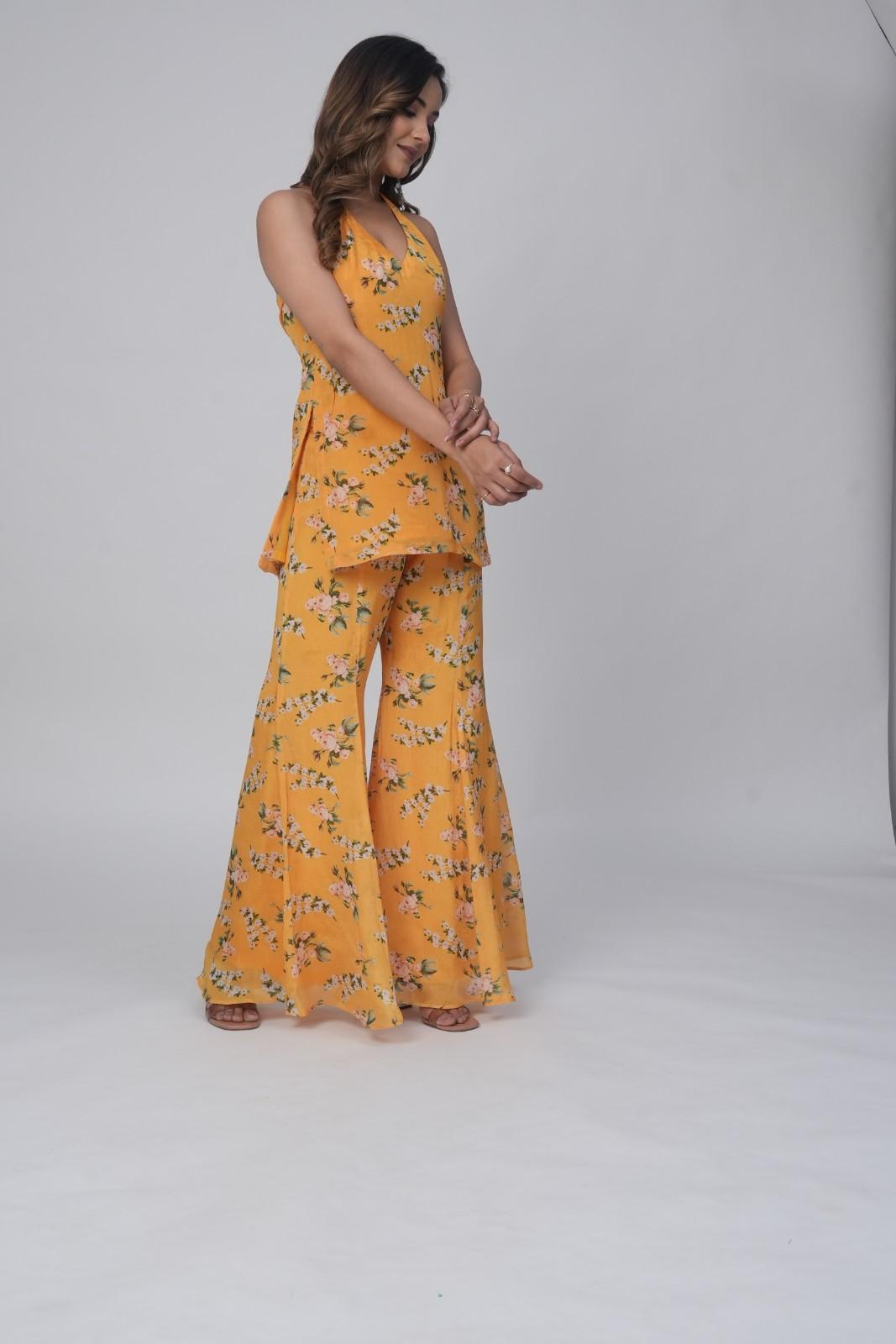 Sunflower Bloom Halter Neck Kurti with Sharara