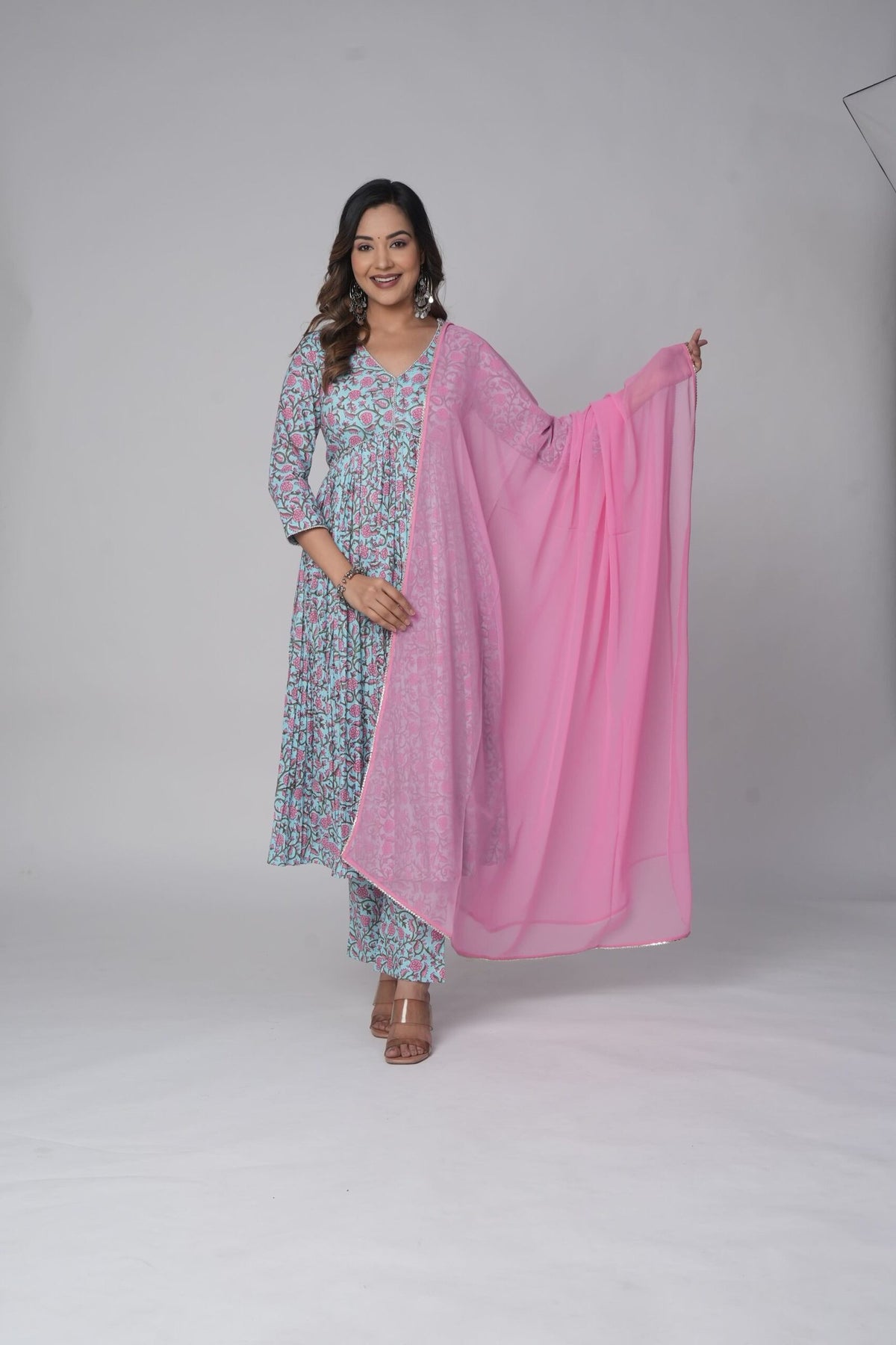 Sky Blue Niara Cut Kurta Set: Pink Floral Print