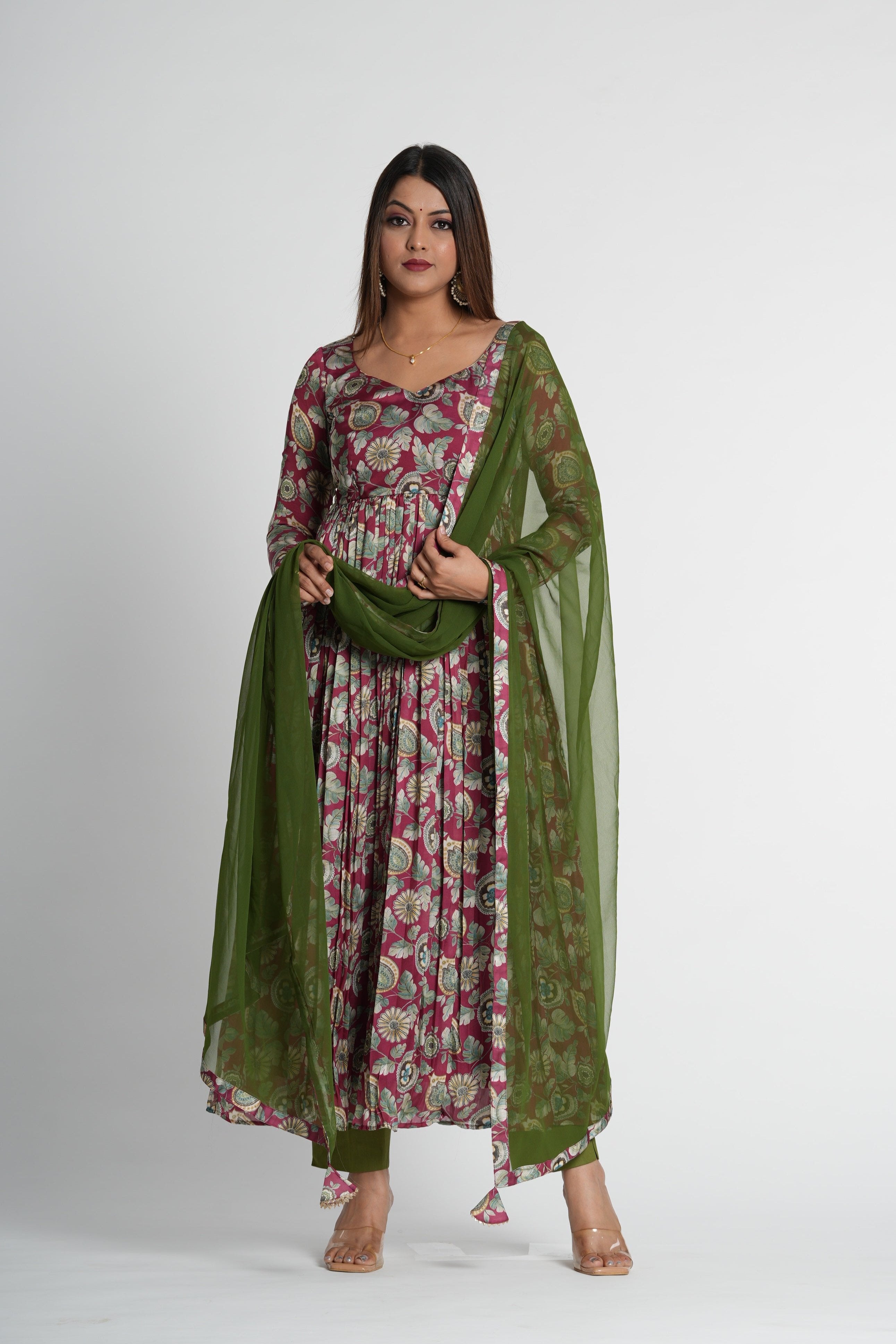 Stylish Wine Floral Printed Anarkali Set