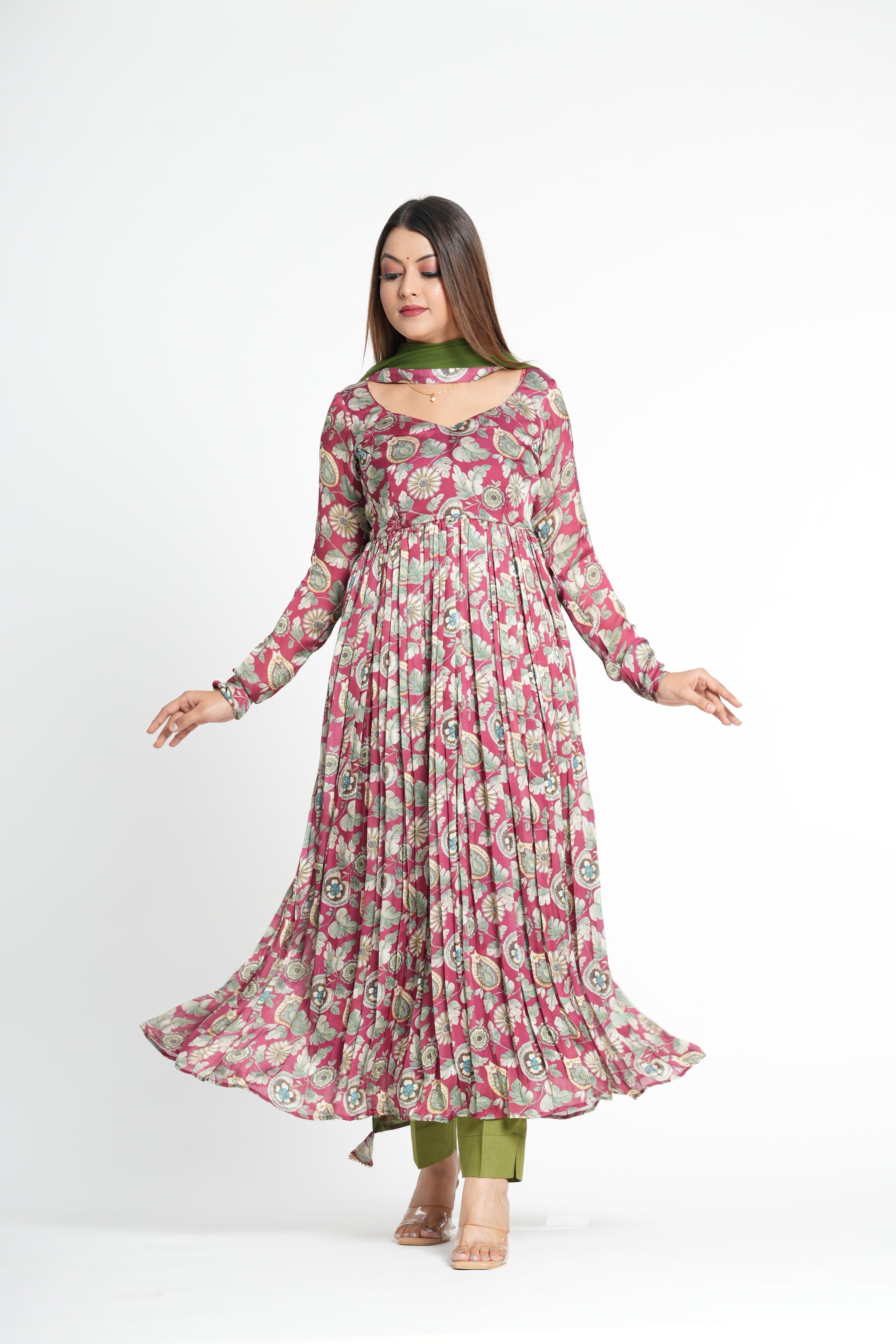 Stylish Wine Floral Printed Anarkali Set