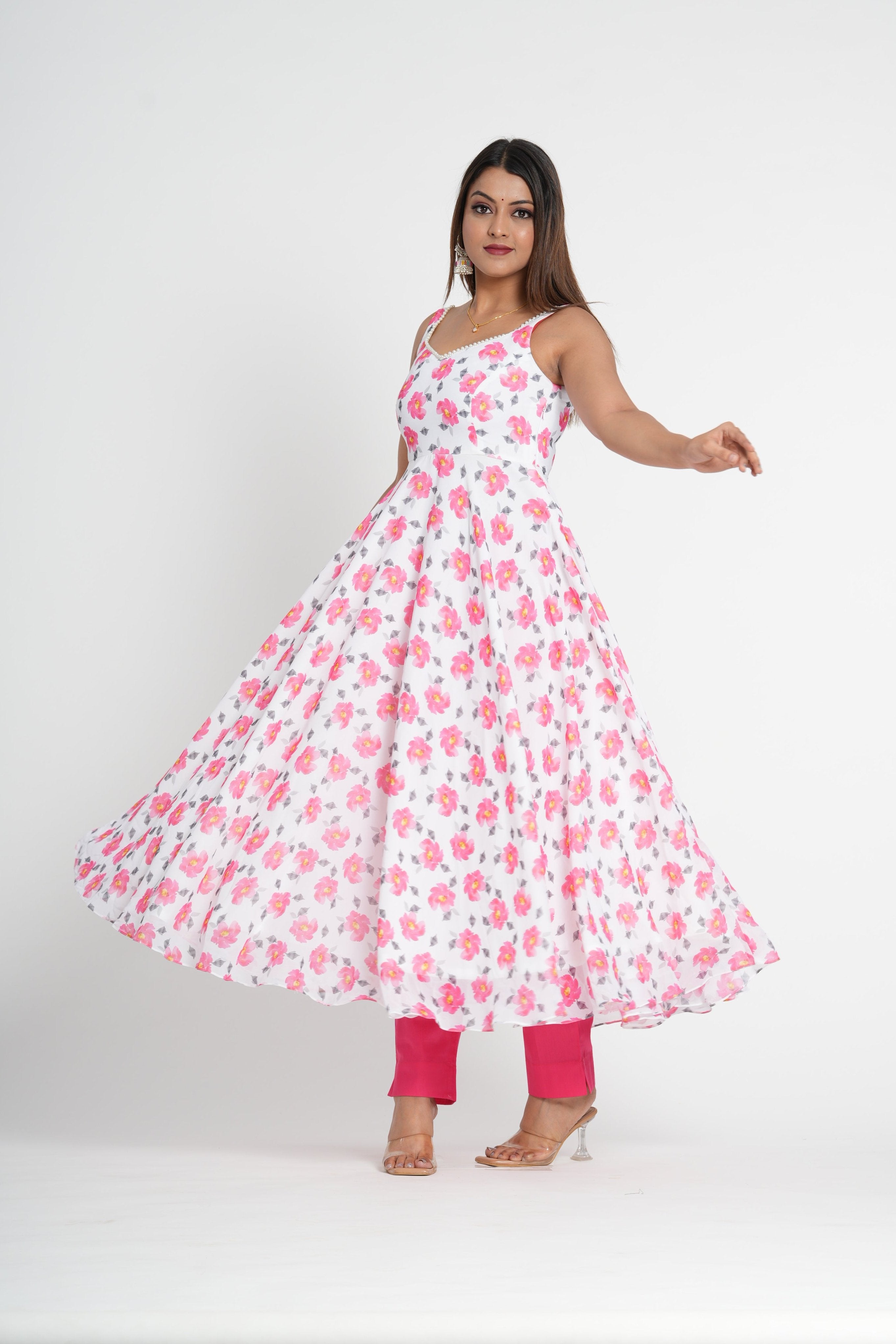 Pink Floral Printed Georgette Anarkali Set