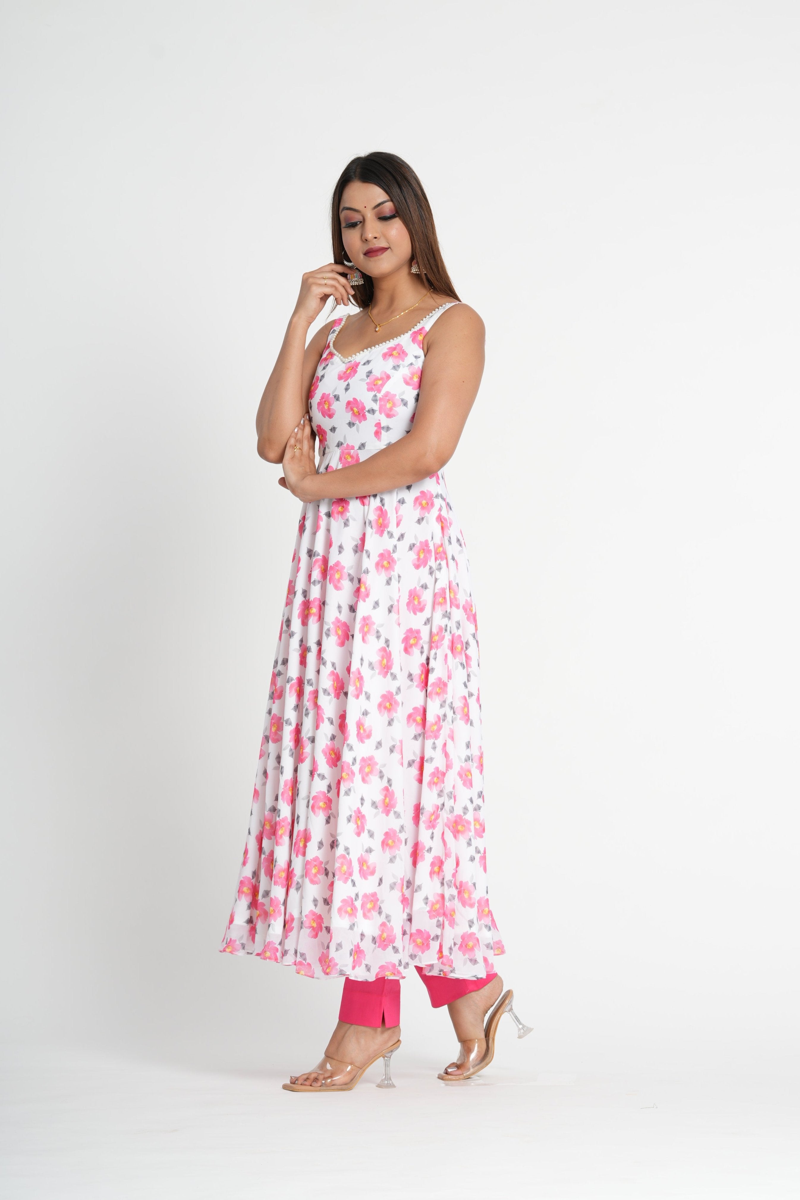 Pink Floral Printed Georgette Anarkali Set