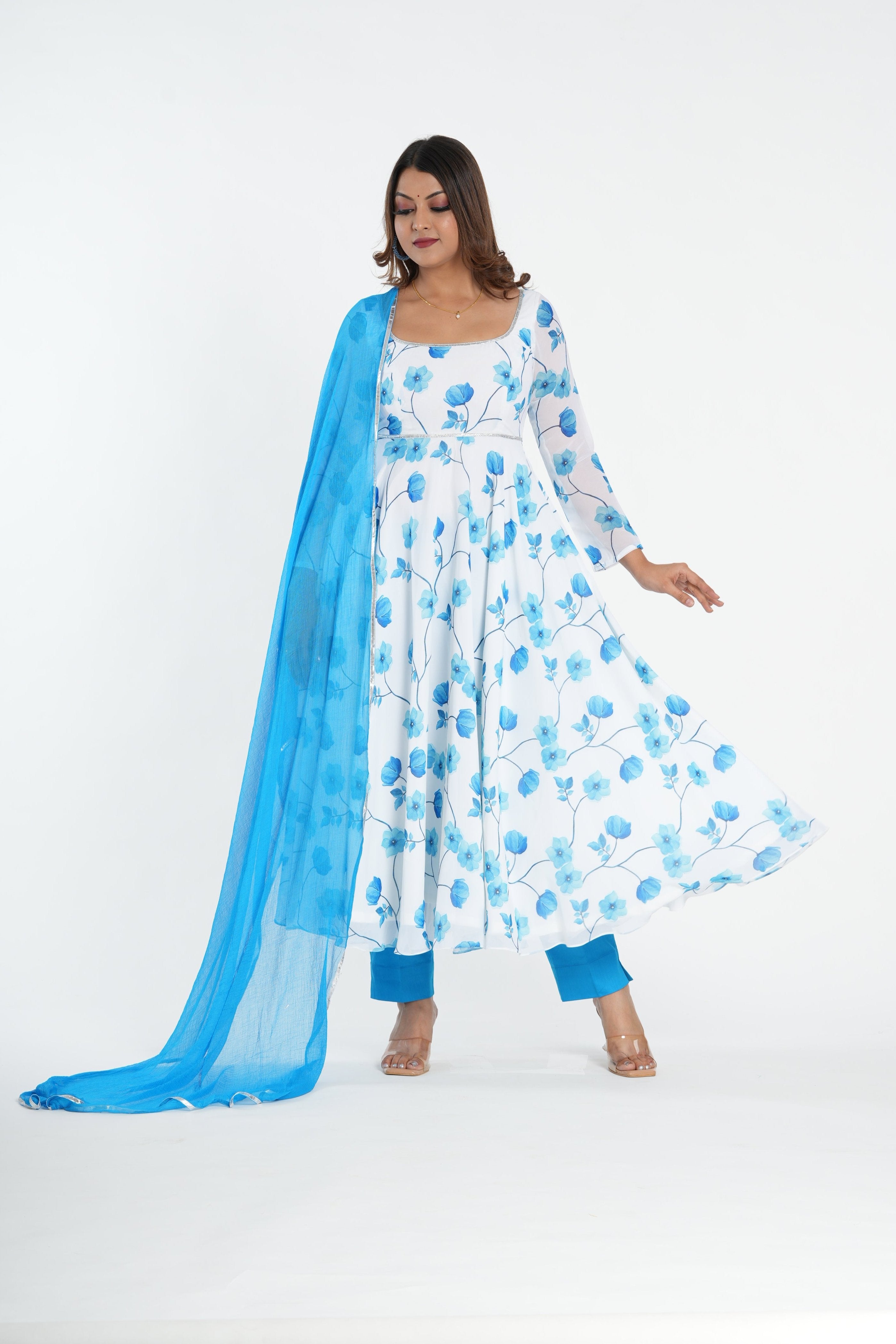 Stylish White Blue Georgette Anarkali Set