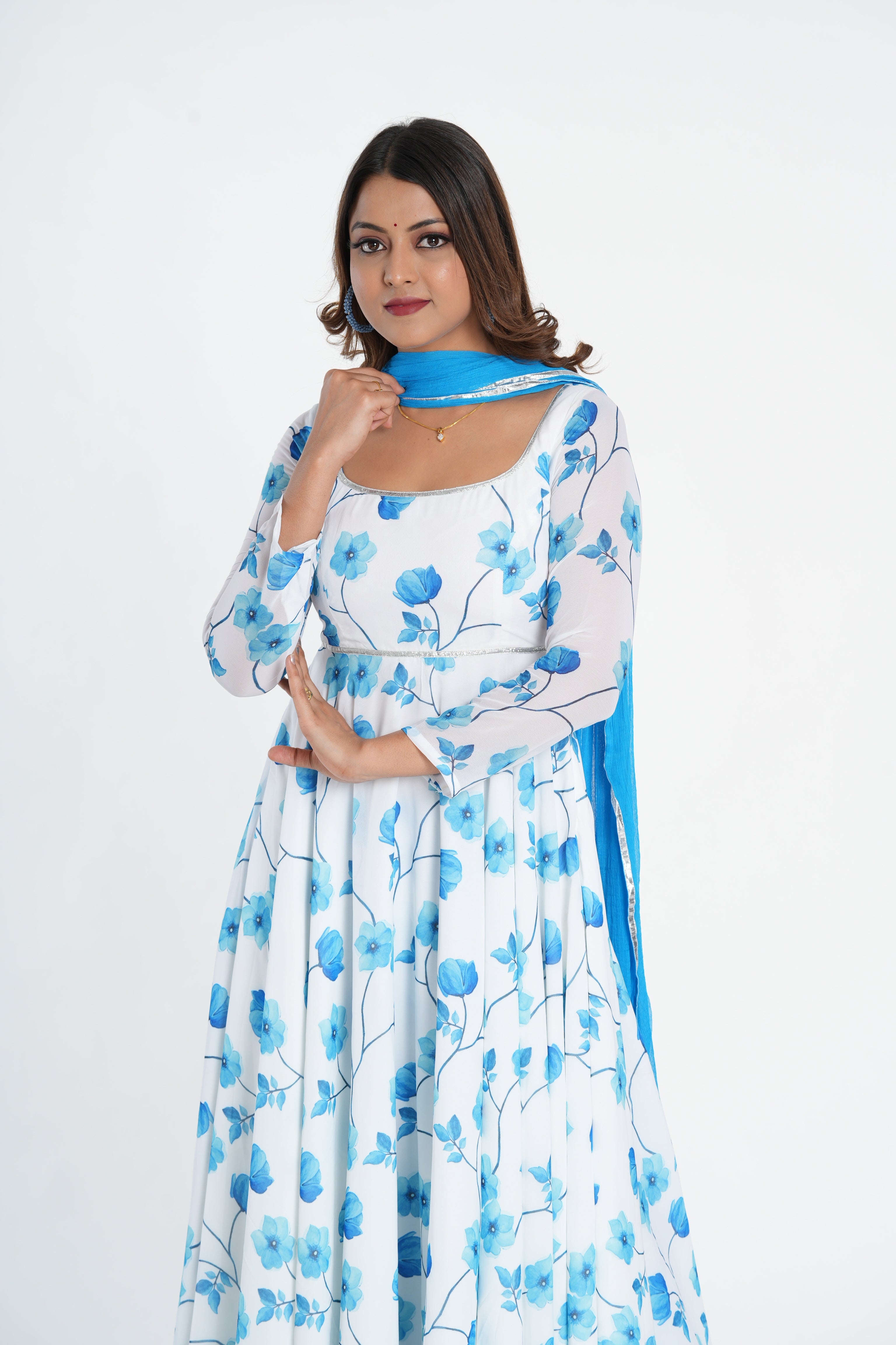 Stylish White Blue Georgette Anarkali Set