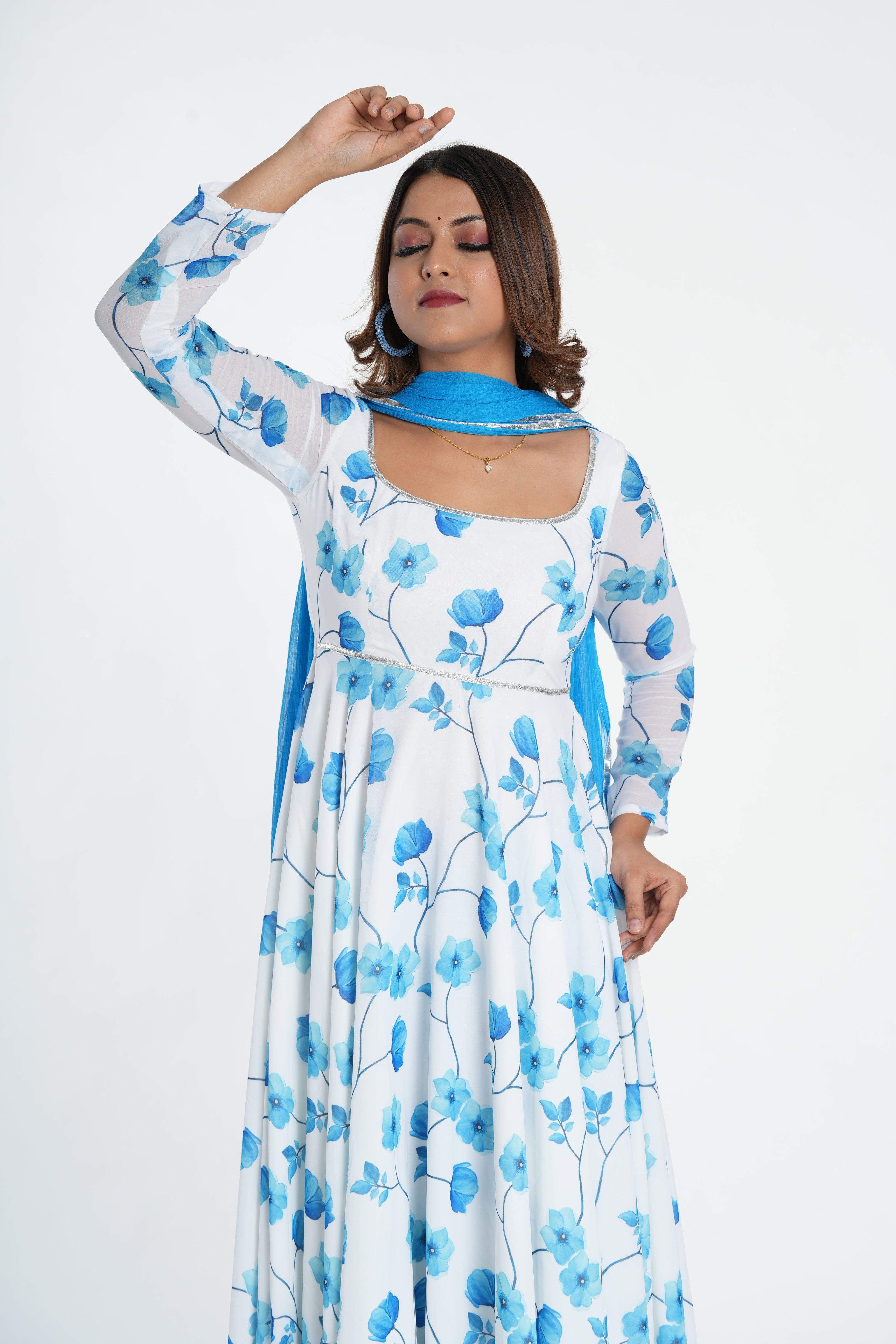 Stylish White Blue Georgette Anarkali Set