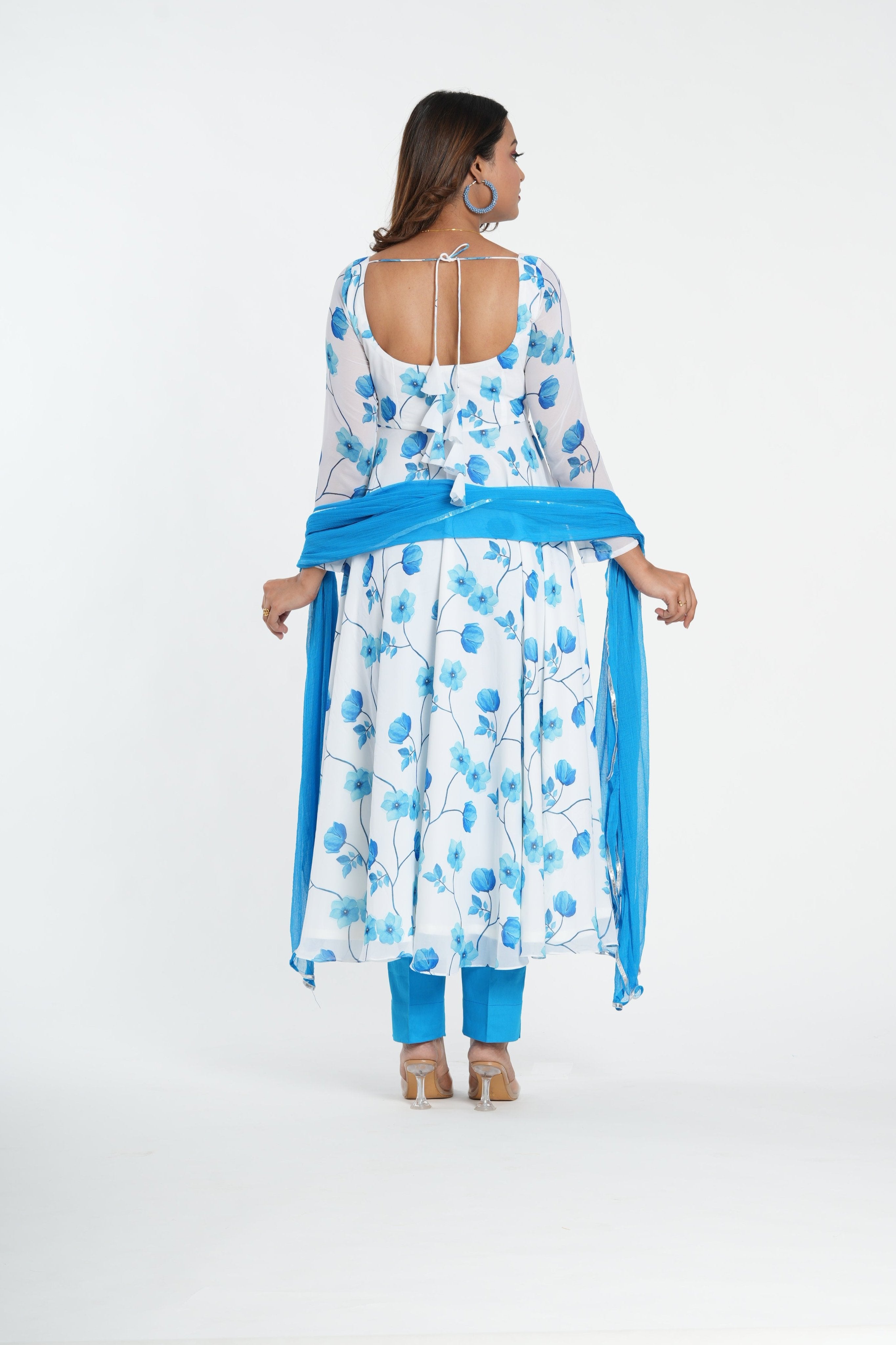 Stylish White Blue Georgette Anarkali Set