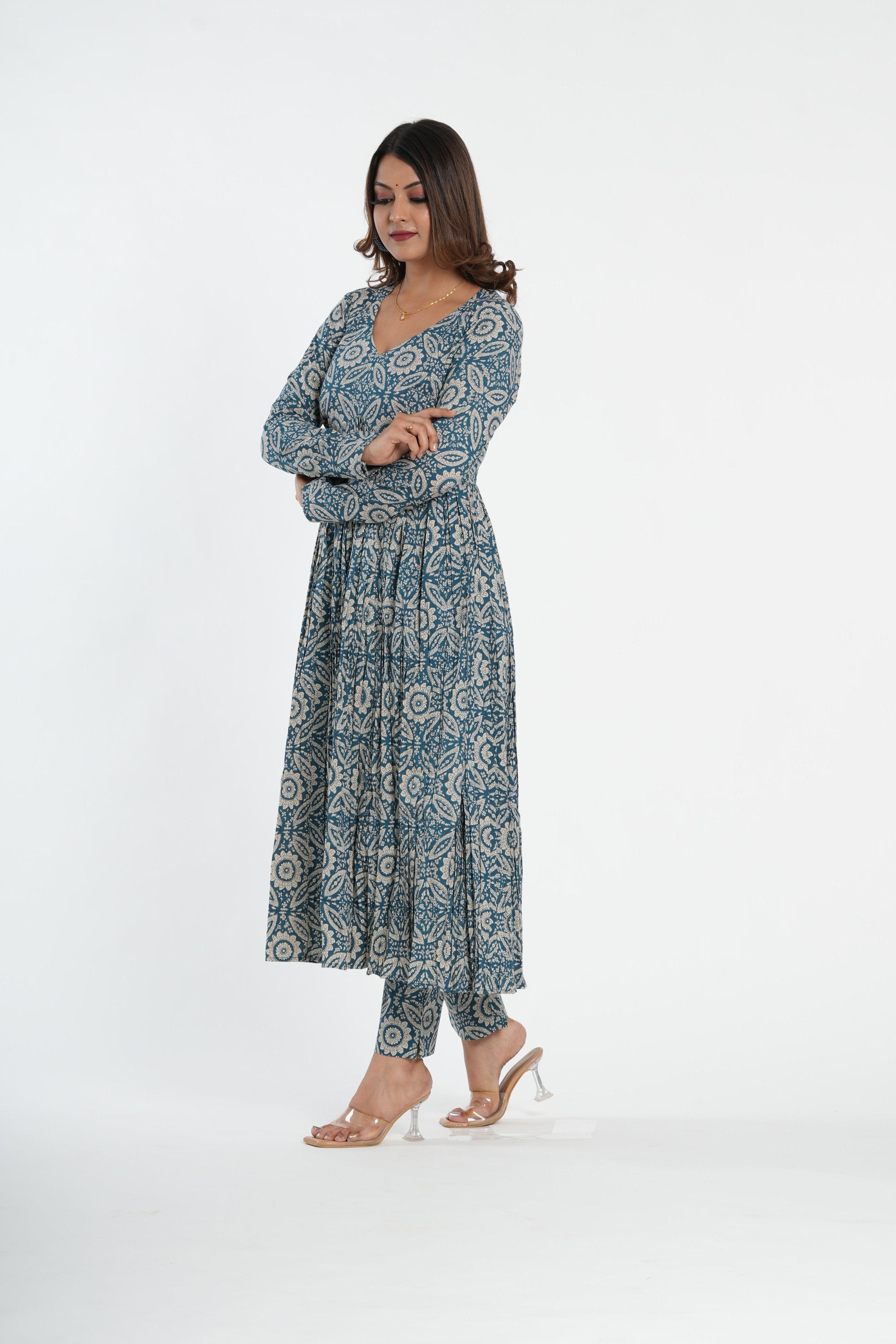 Cotton Blue Floral Printed Naira Kurta Pant