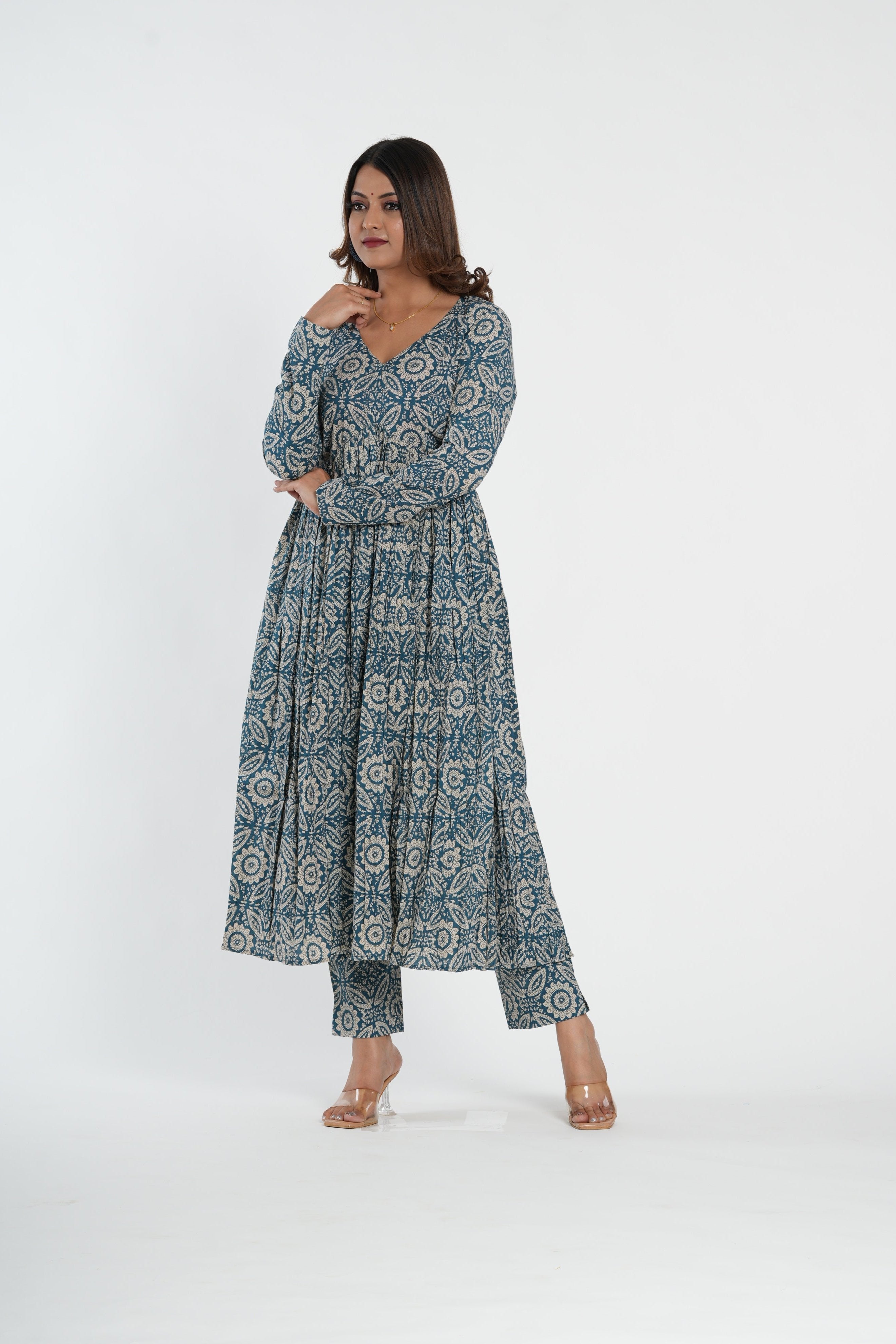 Cotton Blue Floral Printed Naira Kurta Pant