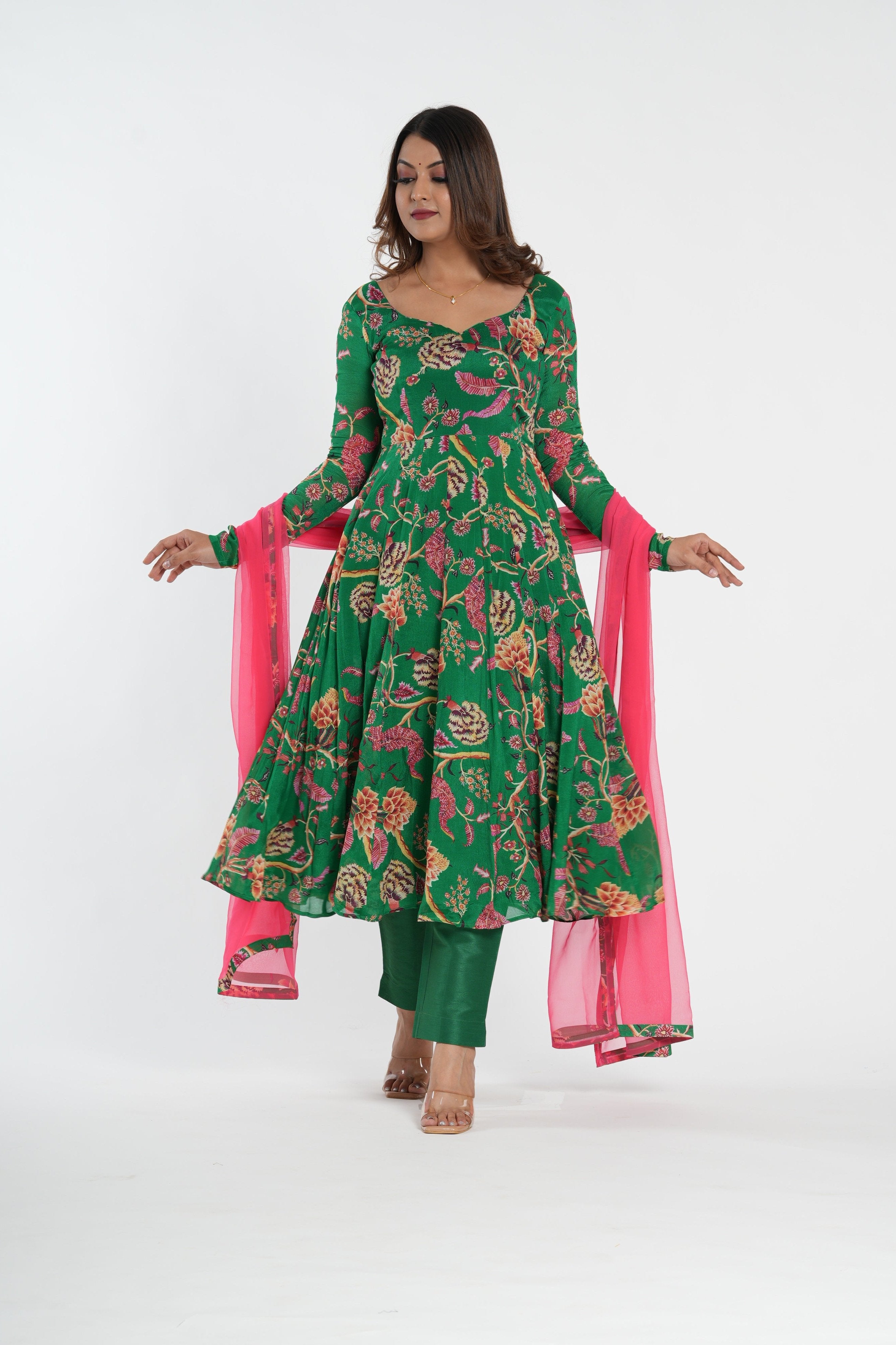 Green Floral Printed Chinnon Anarkali Set