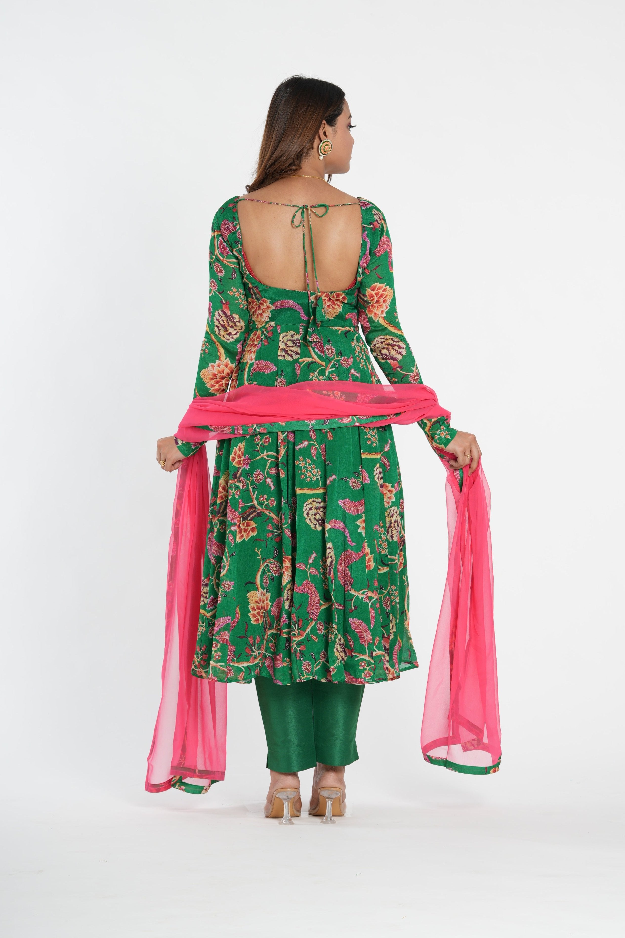 Green Floral Printed Chinnon Anarkali Set