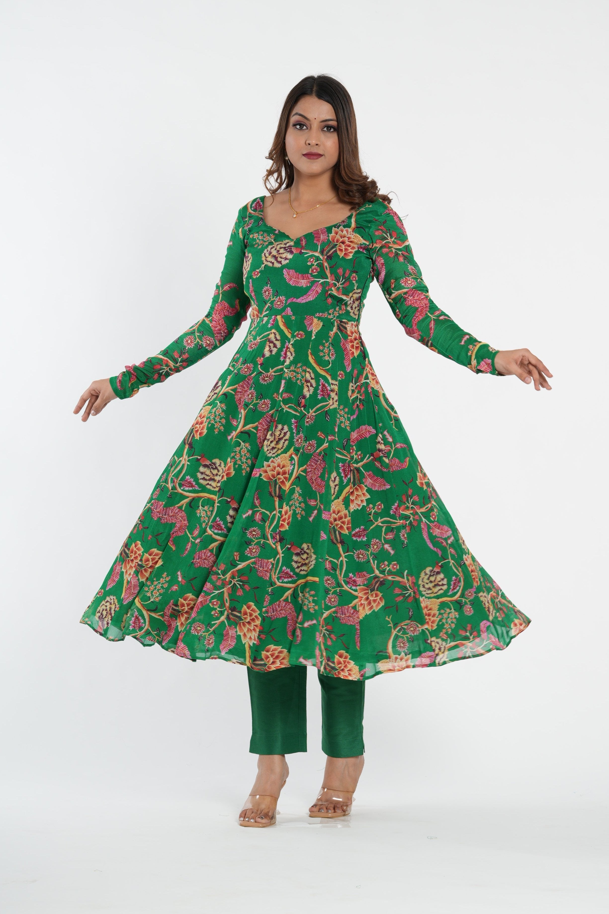 Green Floral Printed Chinnon Anarkali Set