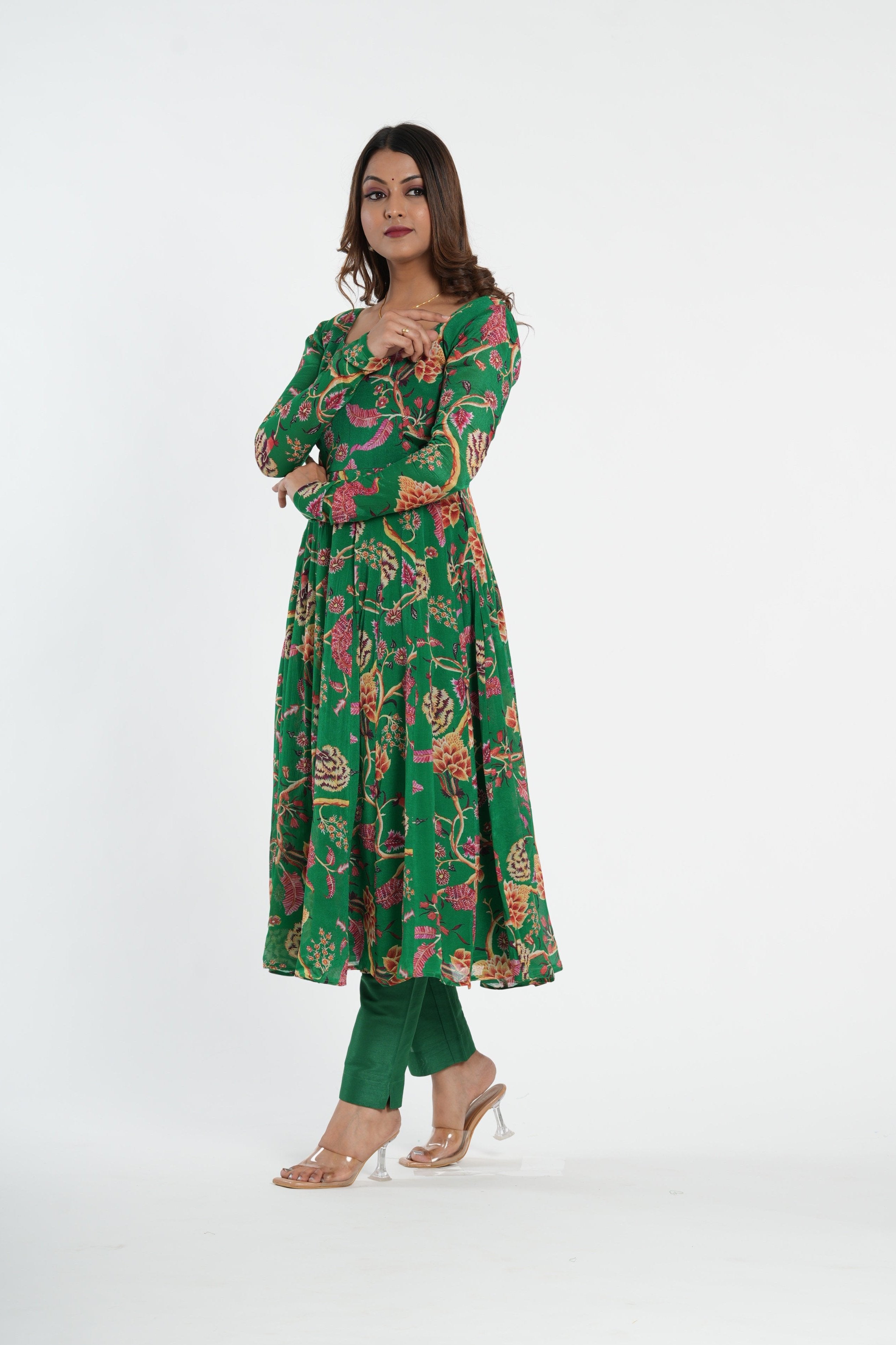 Green Floral Printed Chinnon Anarkali Set
