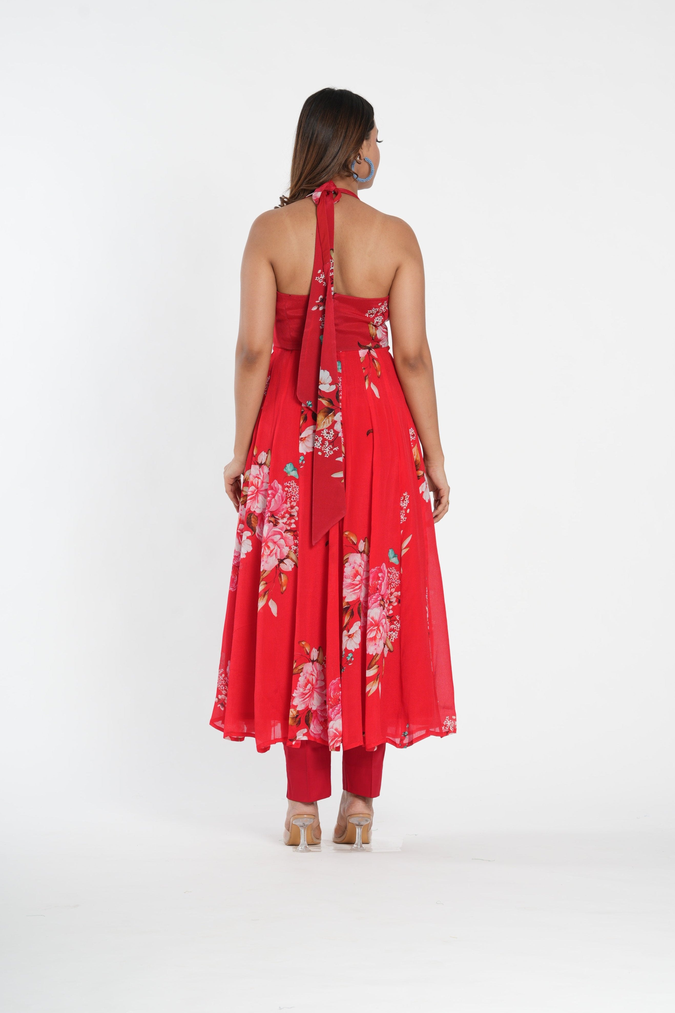 Stylish Red floral printed chinnon anarkali set