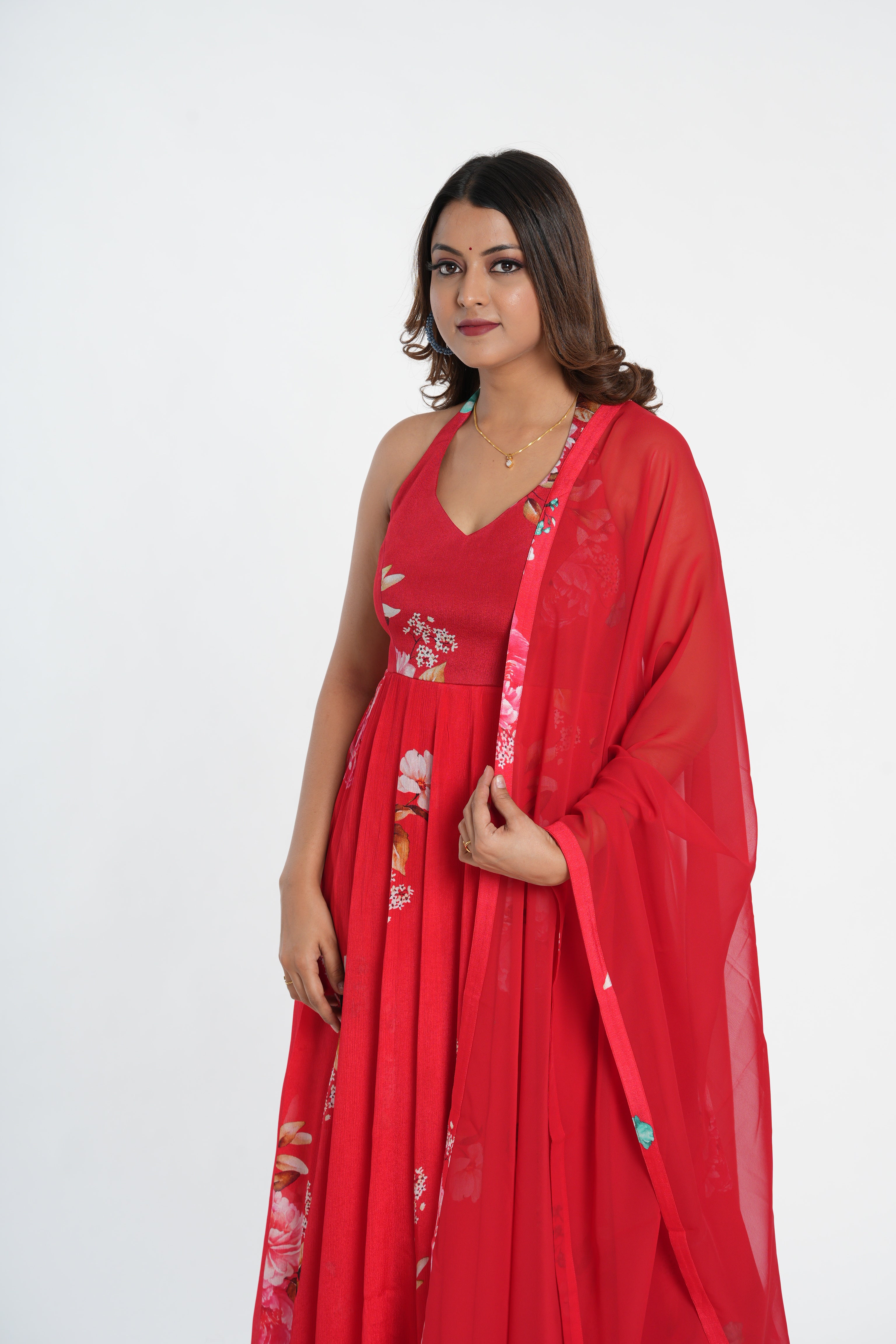 Stylish Red floral printed chinnon anarkali set