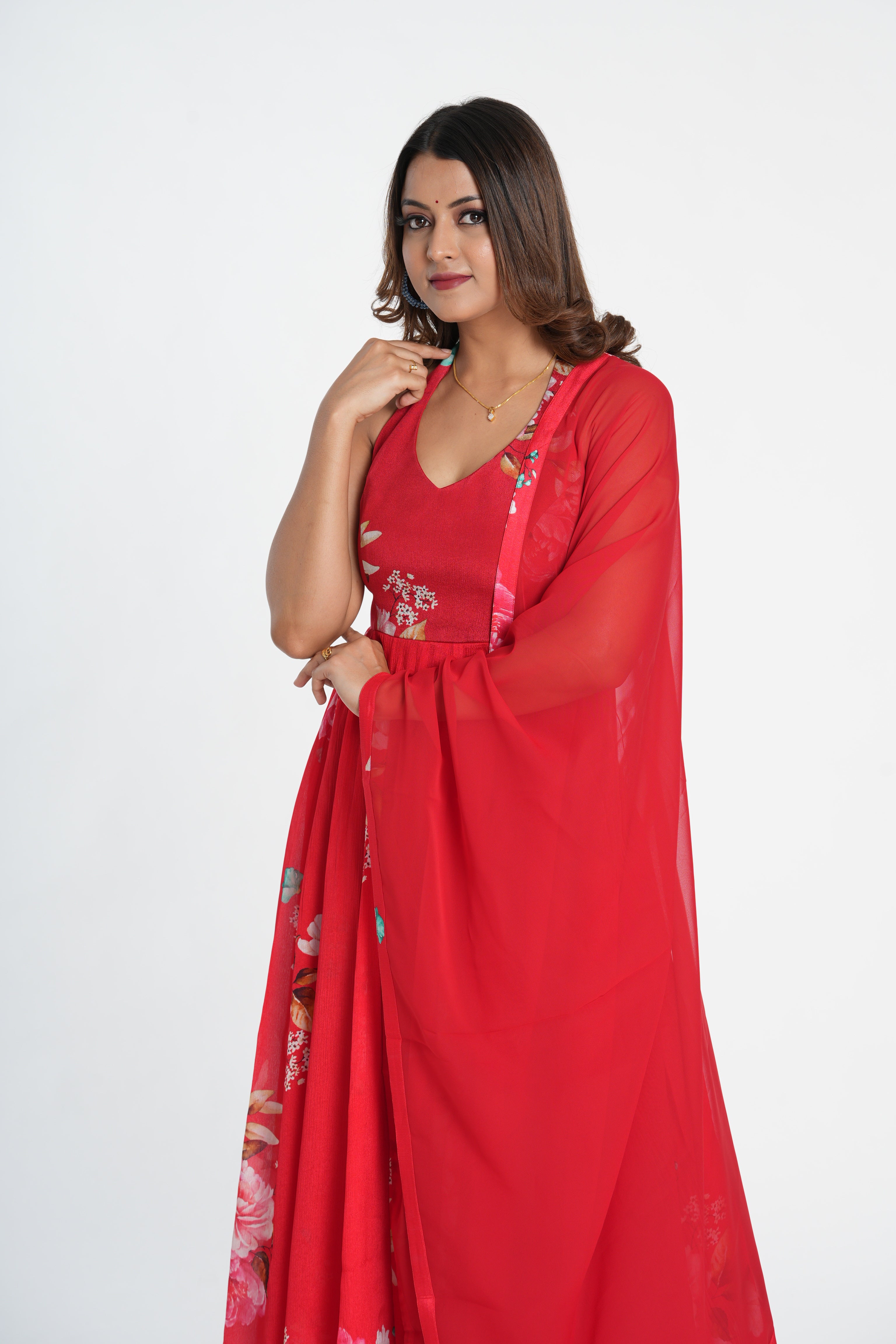 Stylish Red floral printed chinnon anarkali set