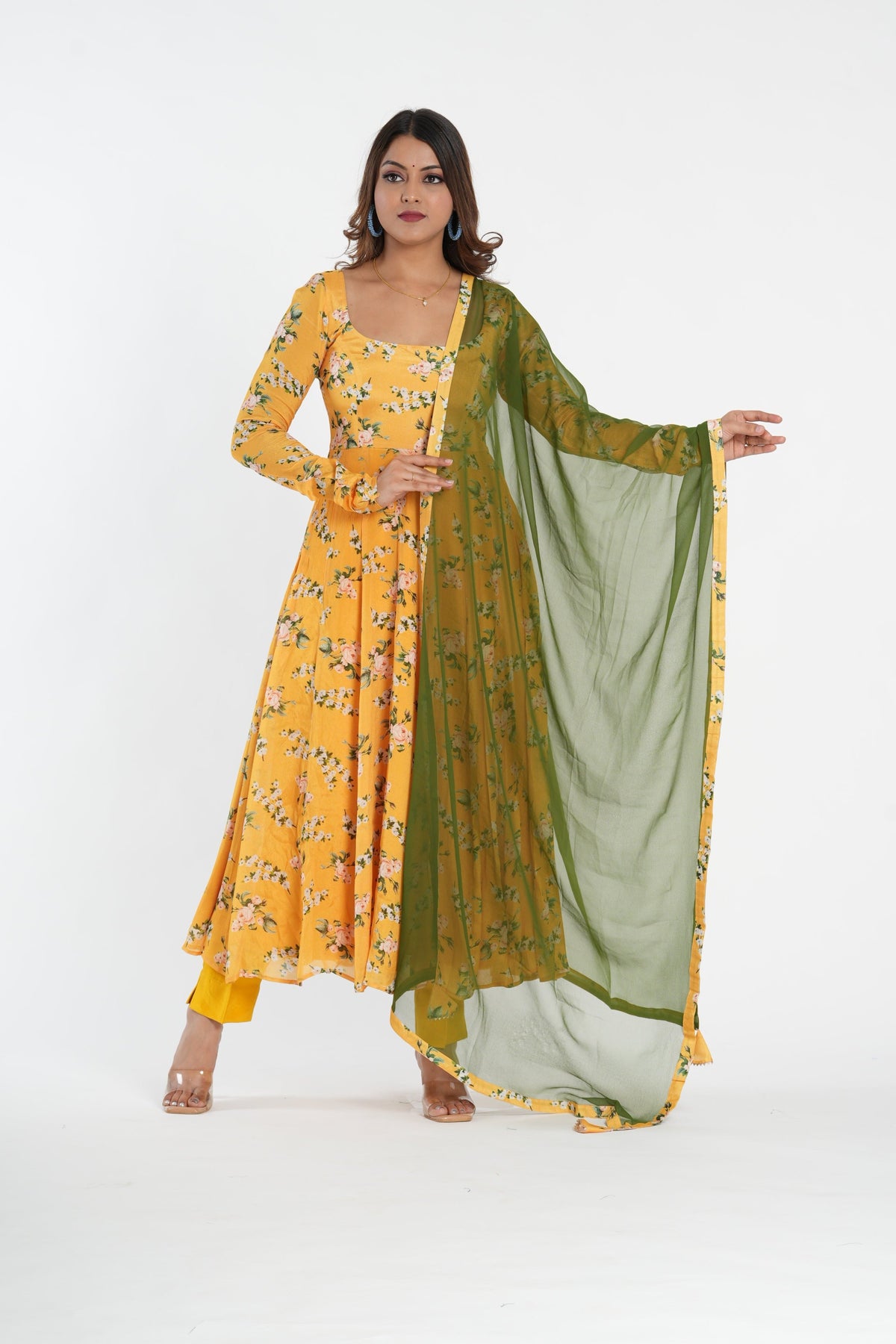 Stylish Yellow Floral Printed Chinnon Anarkali Set