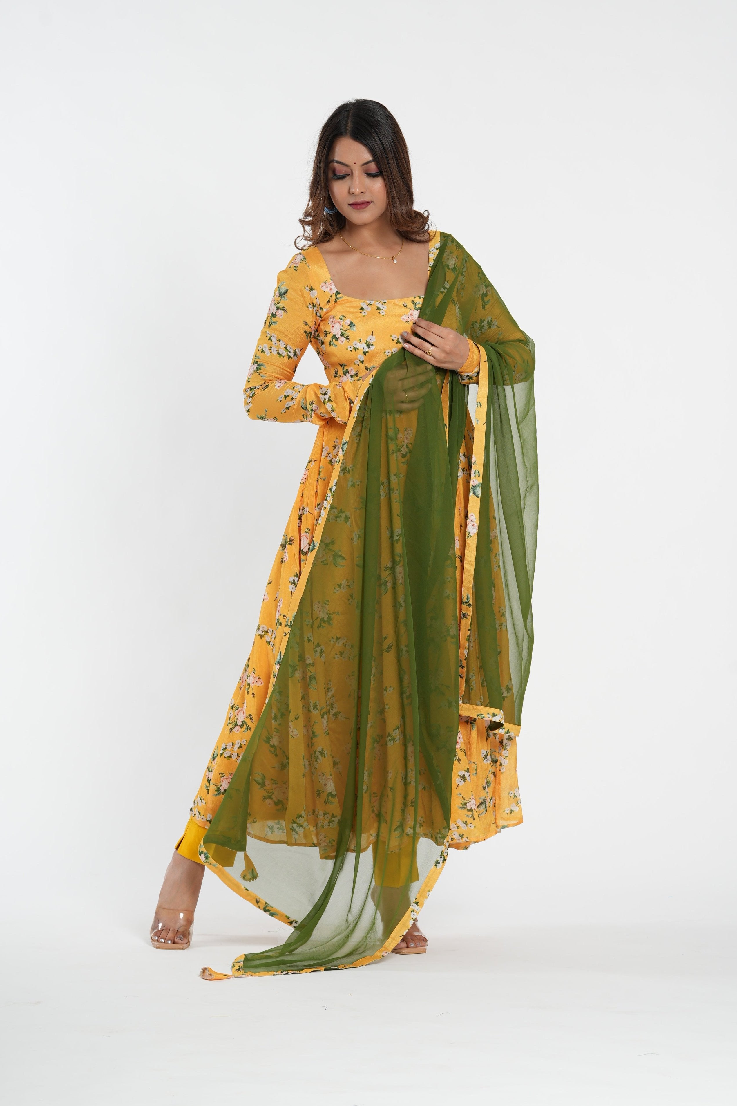 Stylish Yellow Floral Printed Chinnon Anarkali Set