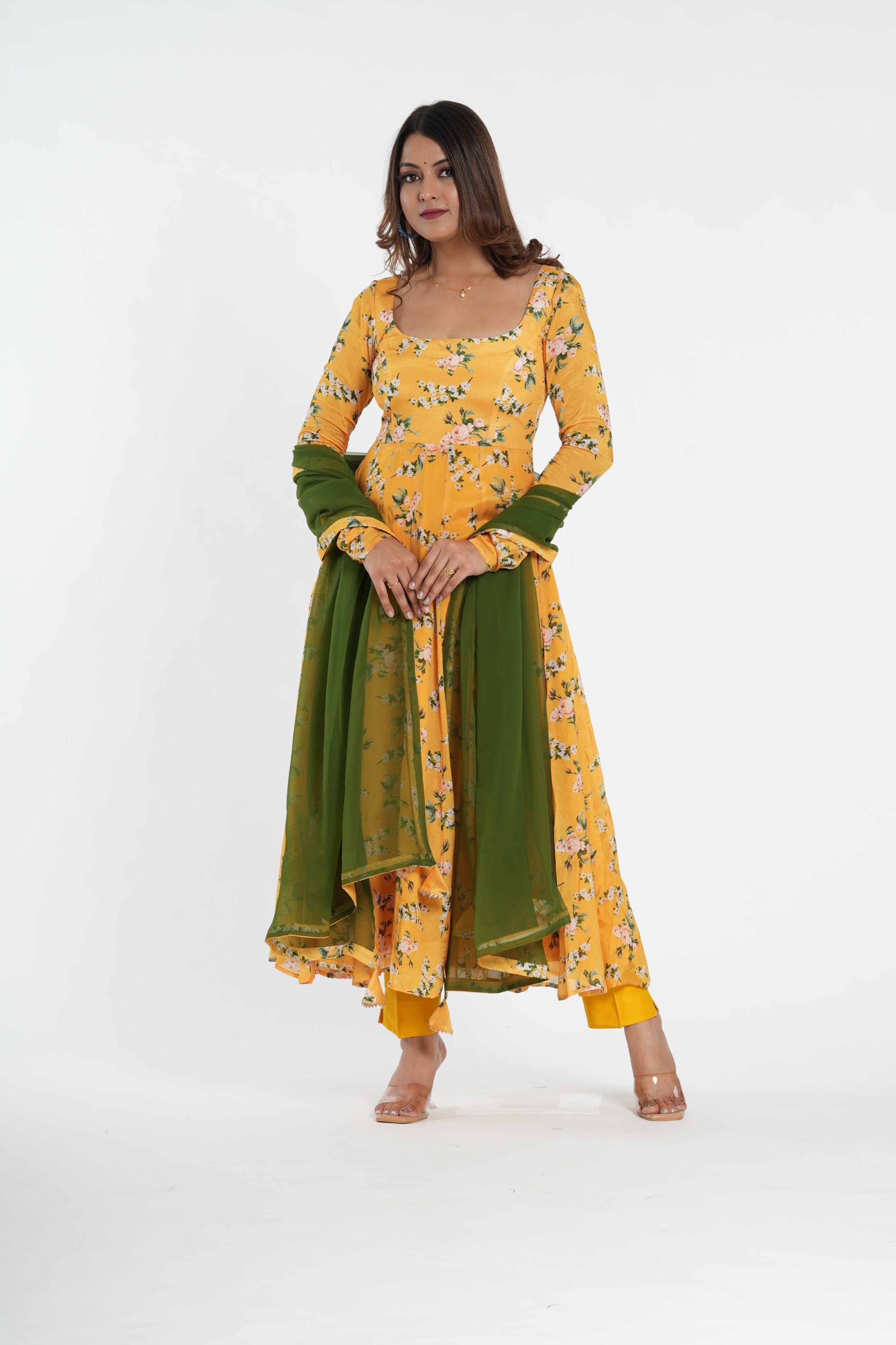 Stylish Yellow Floral Printed Chinnon Anarkali Set