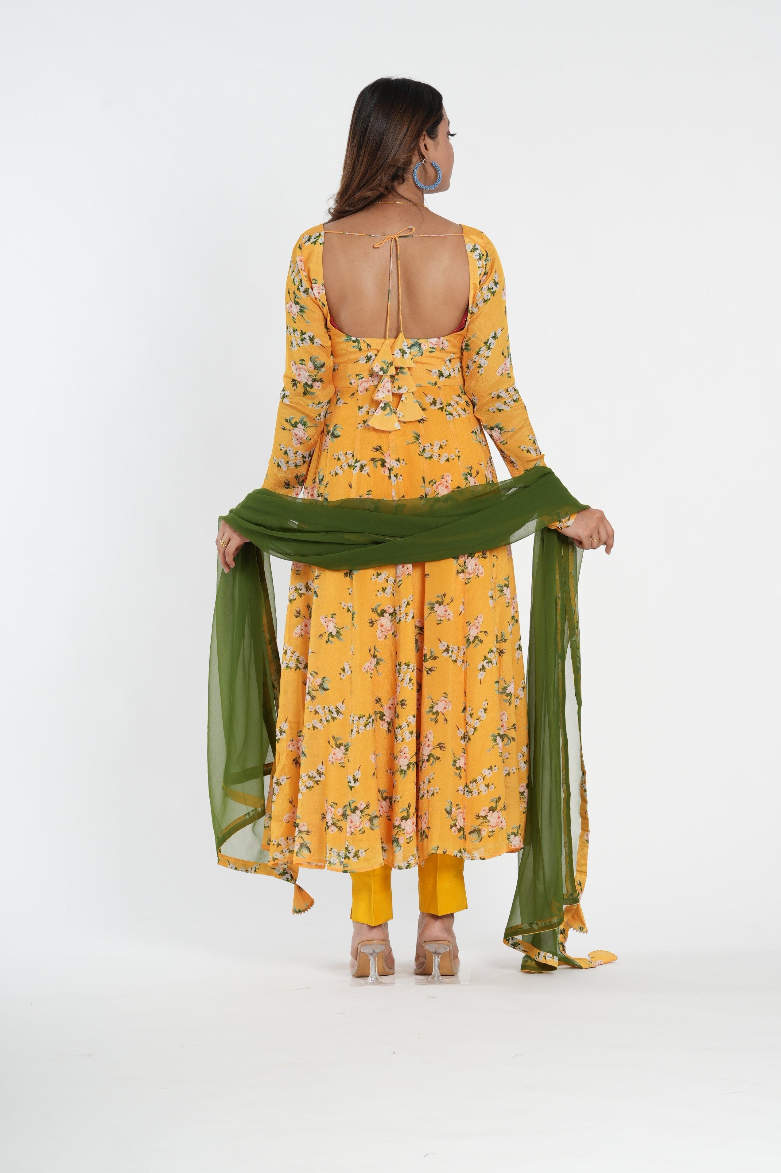 Stylish Yellow Floral Printed Chinnon Anarkali Set