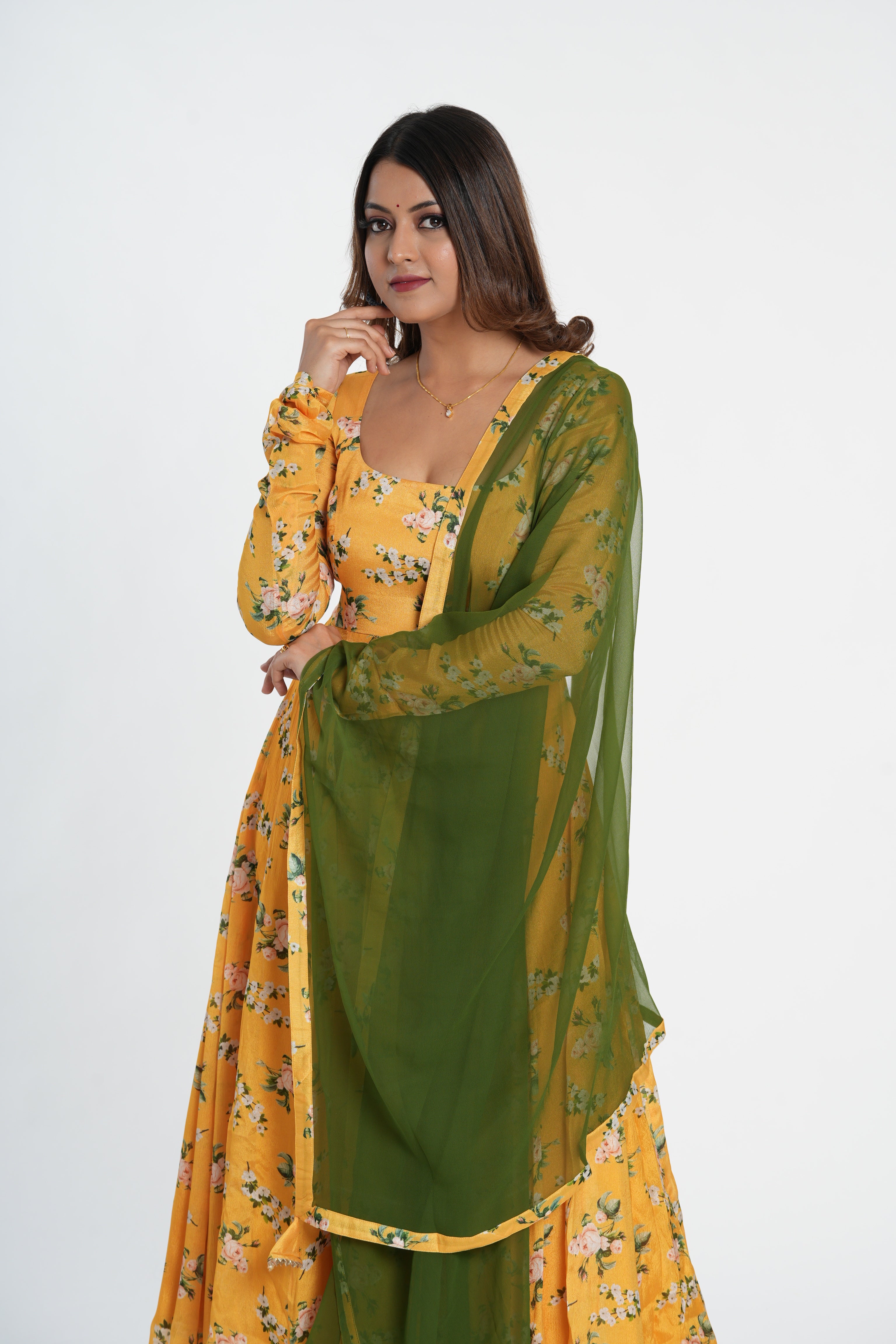 Stylish Yellow Floral Printed Chinnon Anarkali Set