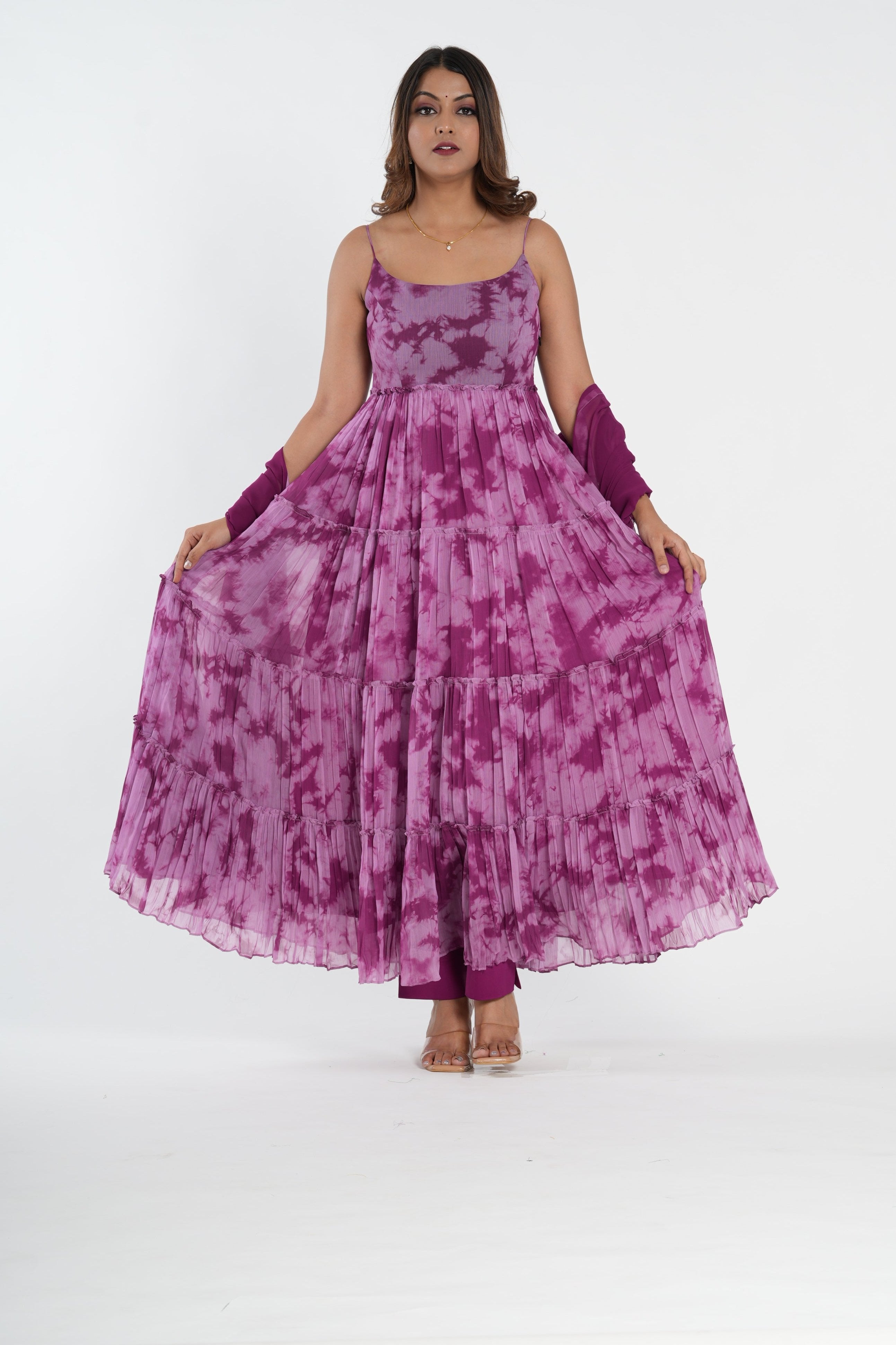 Purple Tye and Dye Chiffon Anarkali Set