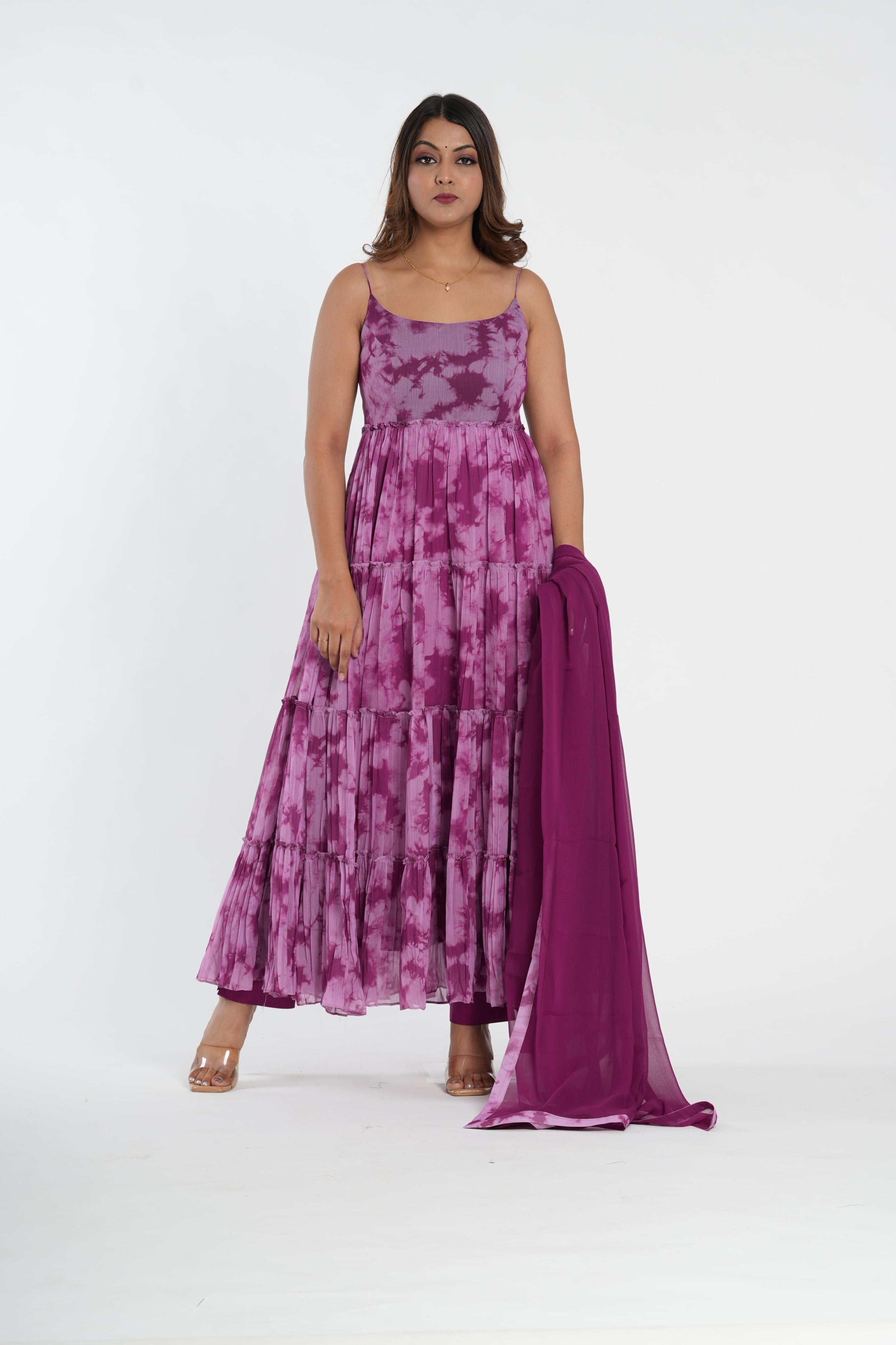 Purple Tye and Dye Chiffon Anarkali Set