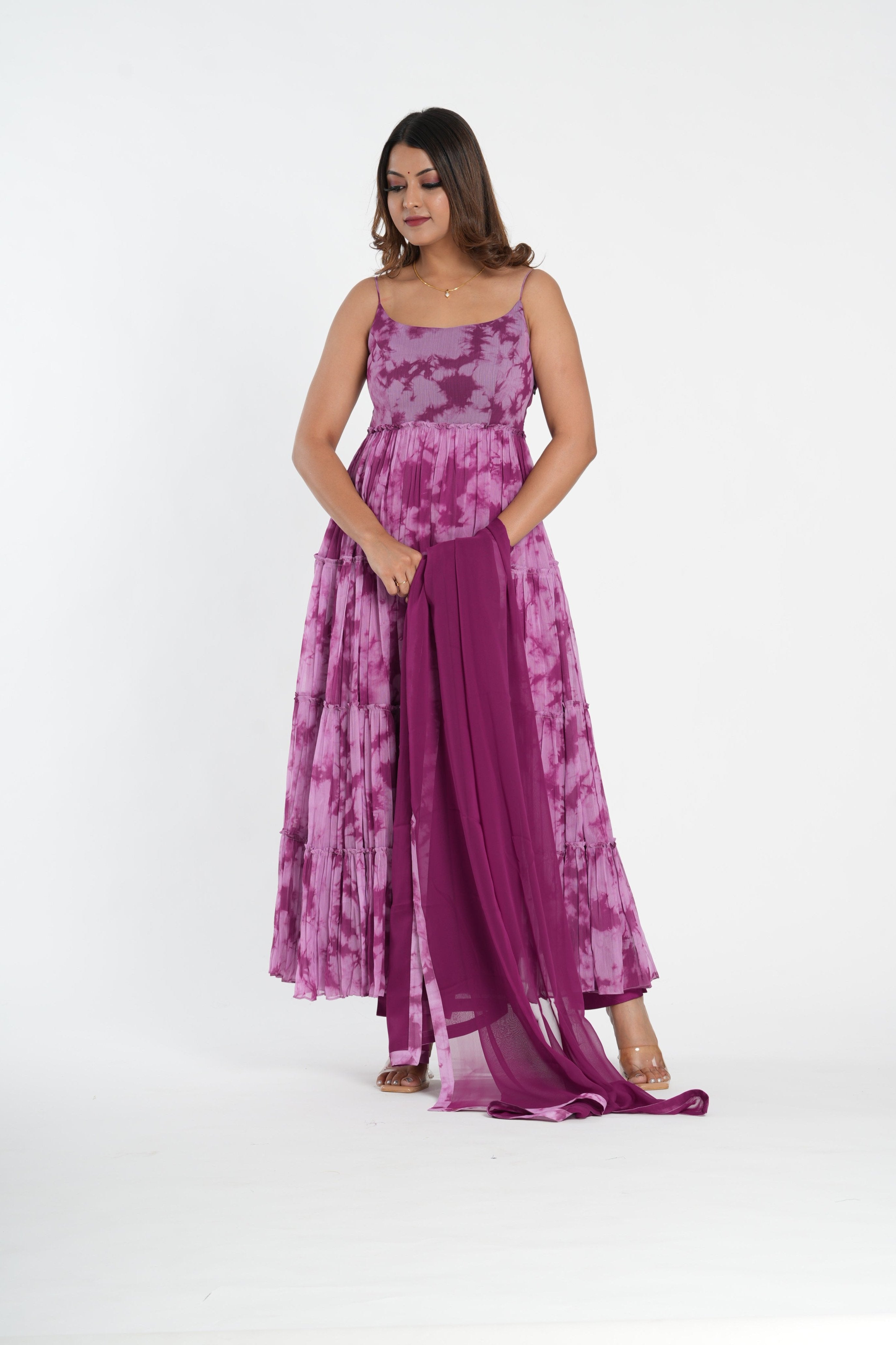 Purple Tye and Dye Chiffon Anarkali Set