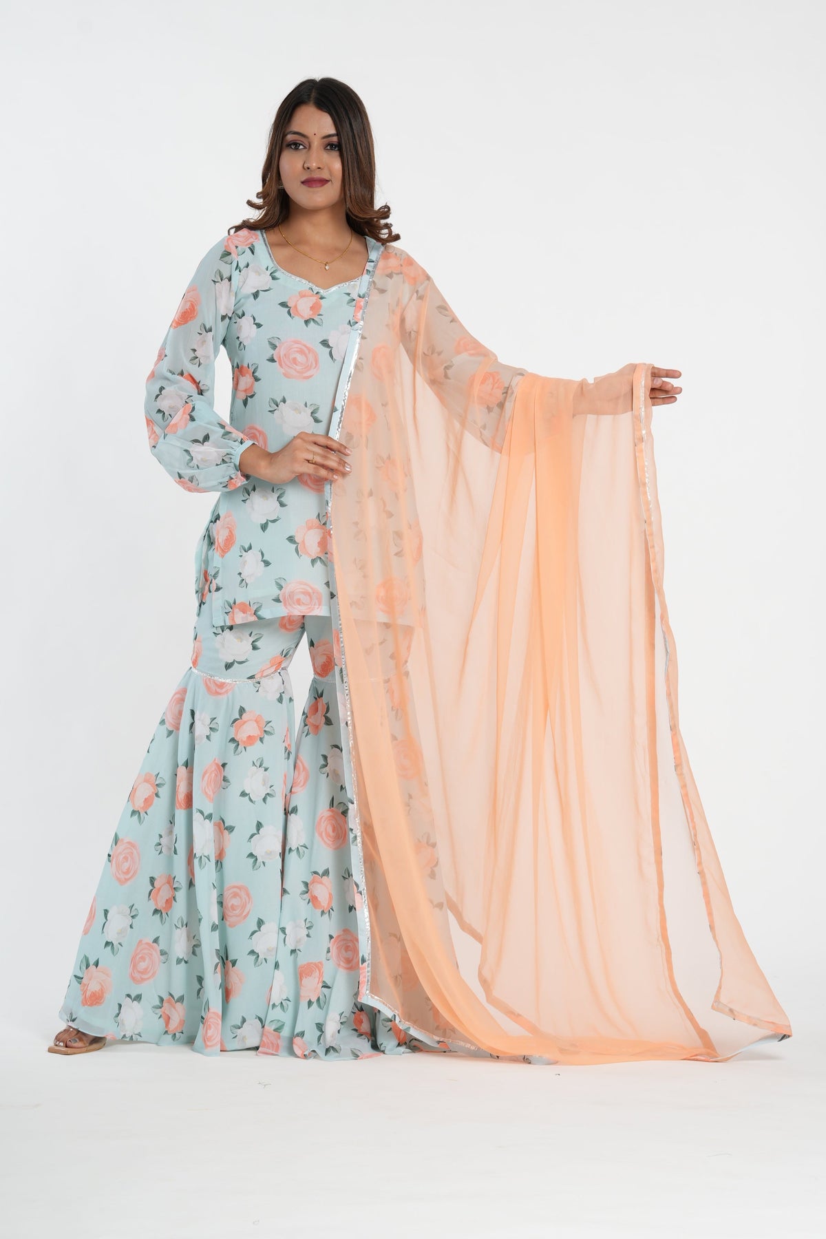 Sky Blue Floral Printed Stylish Sharara Set