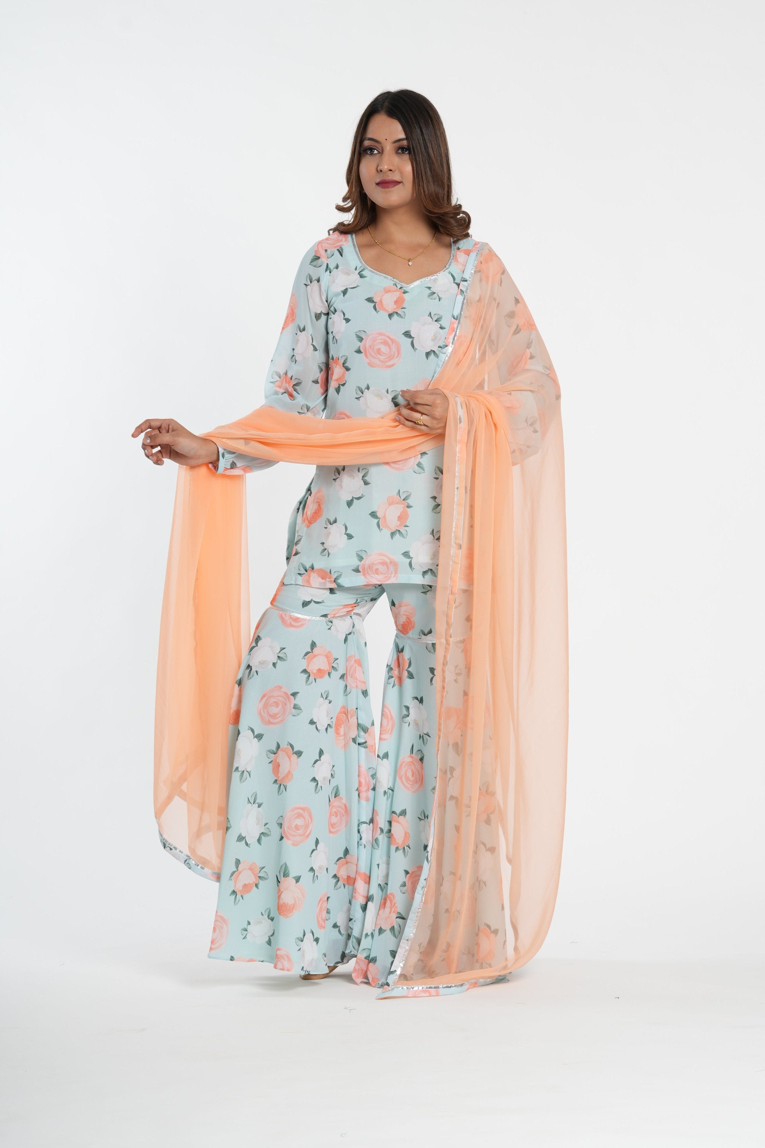 Sky Blue Floral Printed Stylish Sharara Set
