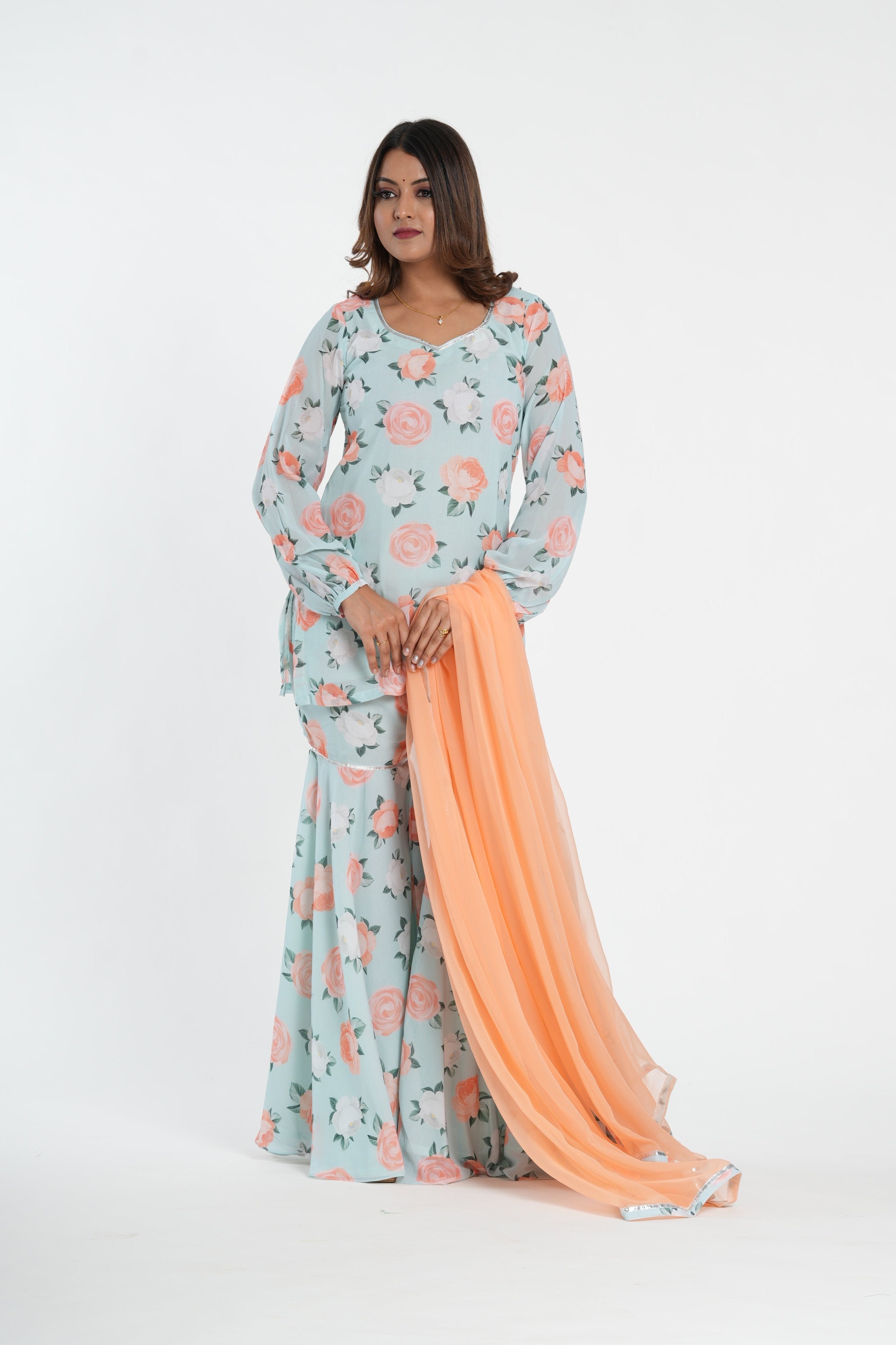 Sky Blue Floral Printed Stylish Sharara Set