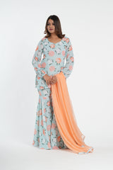 Sky Blue Floral Printed Stylish Sharara Set