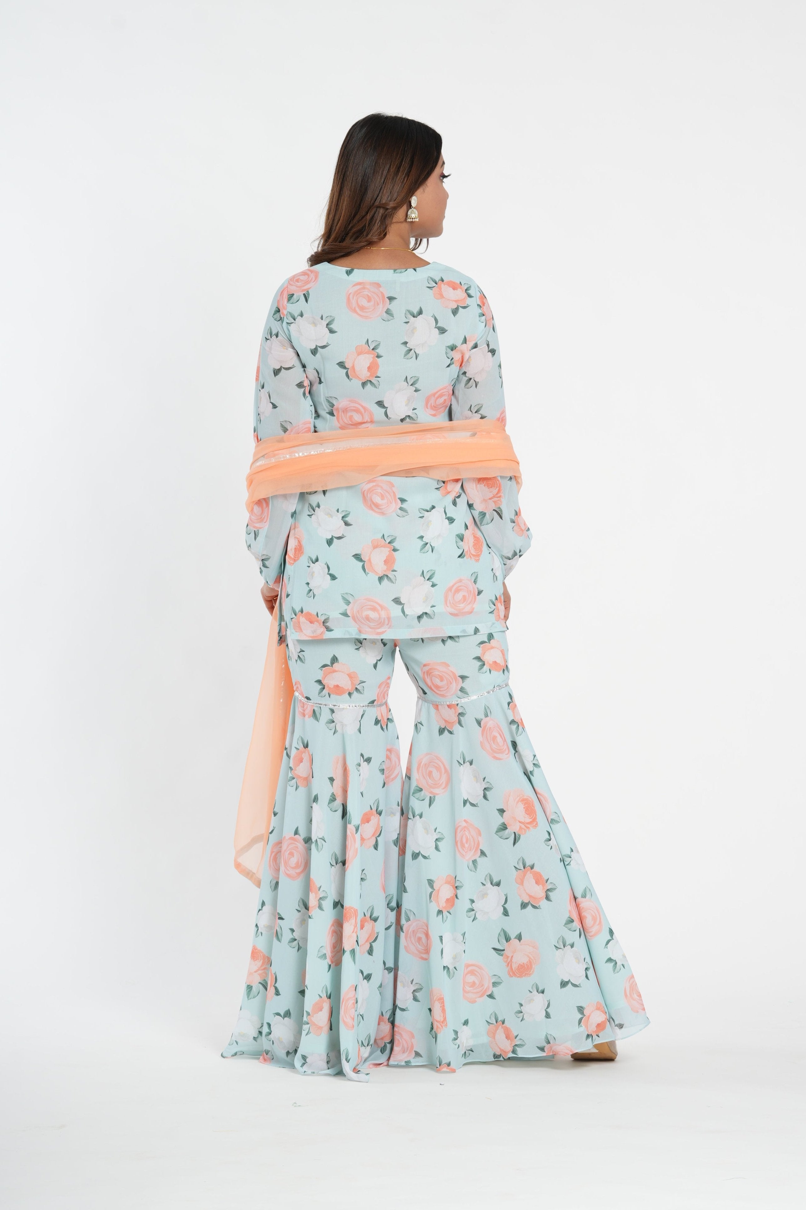 Sky Blue Floral Printed Stylish Sharara Set