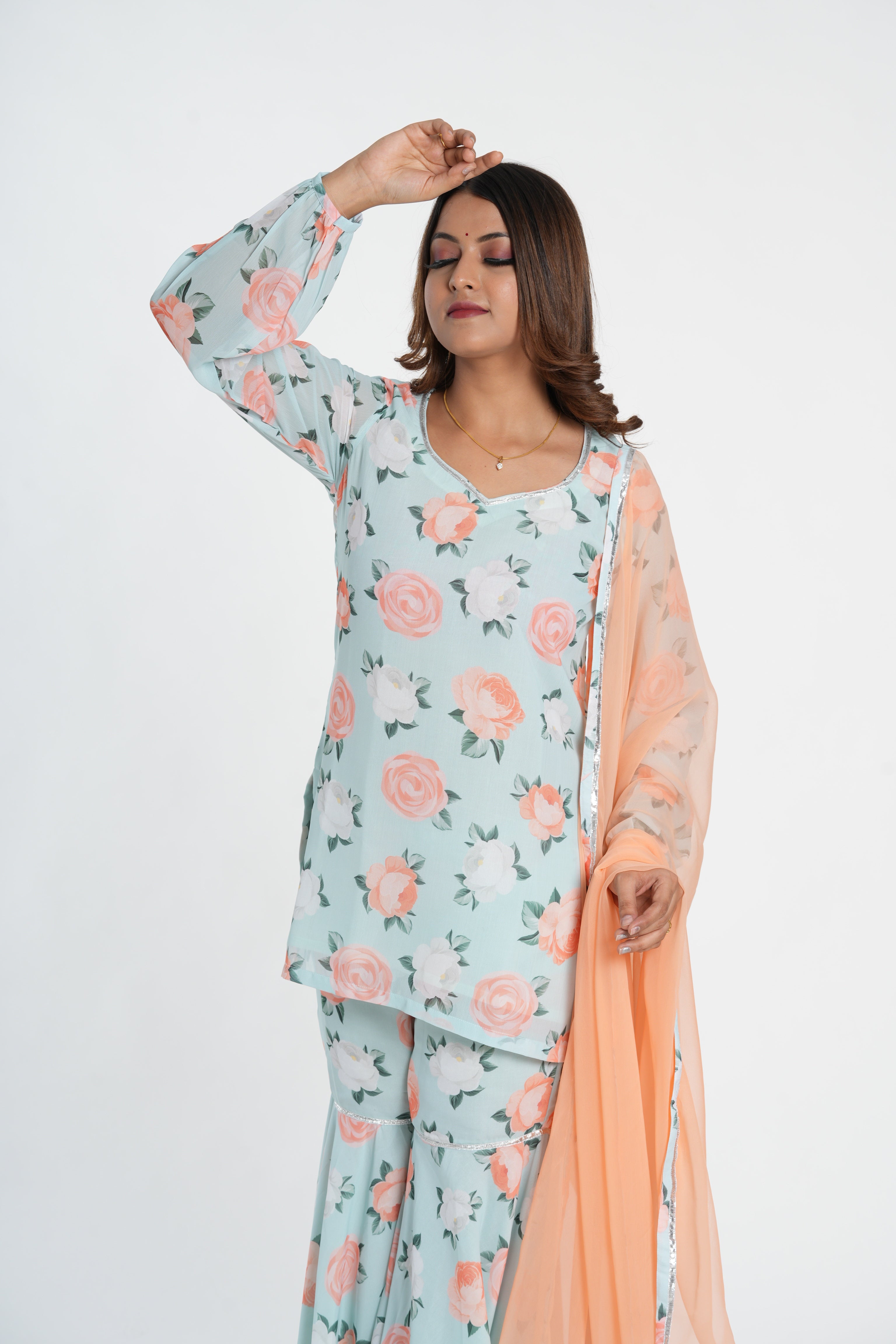 Sky Blue Floral Printed Stylish Sharara Set