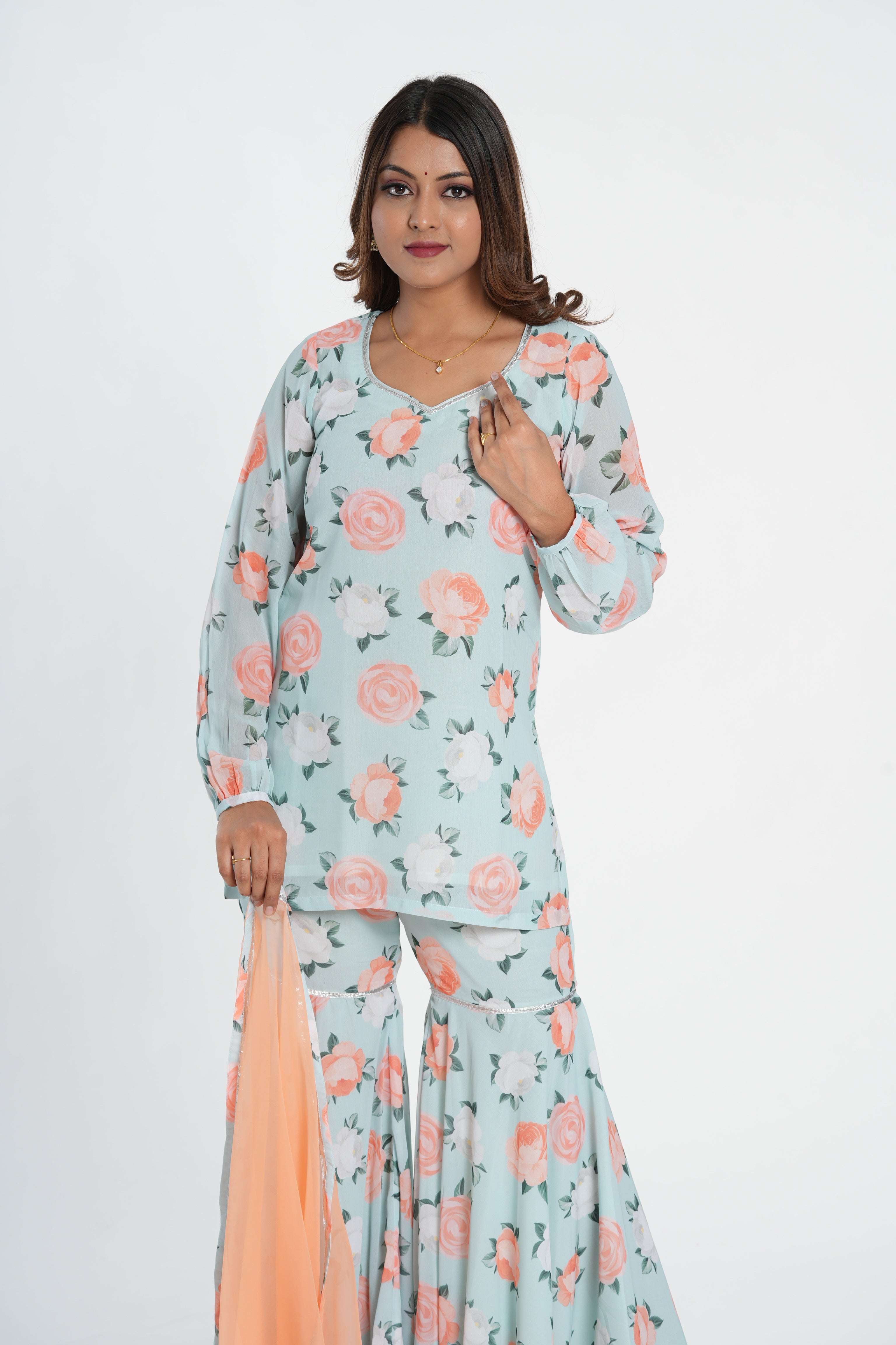 Sky Blue Floral Printed Stylish Sharara Set