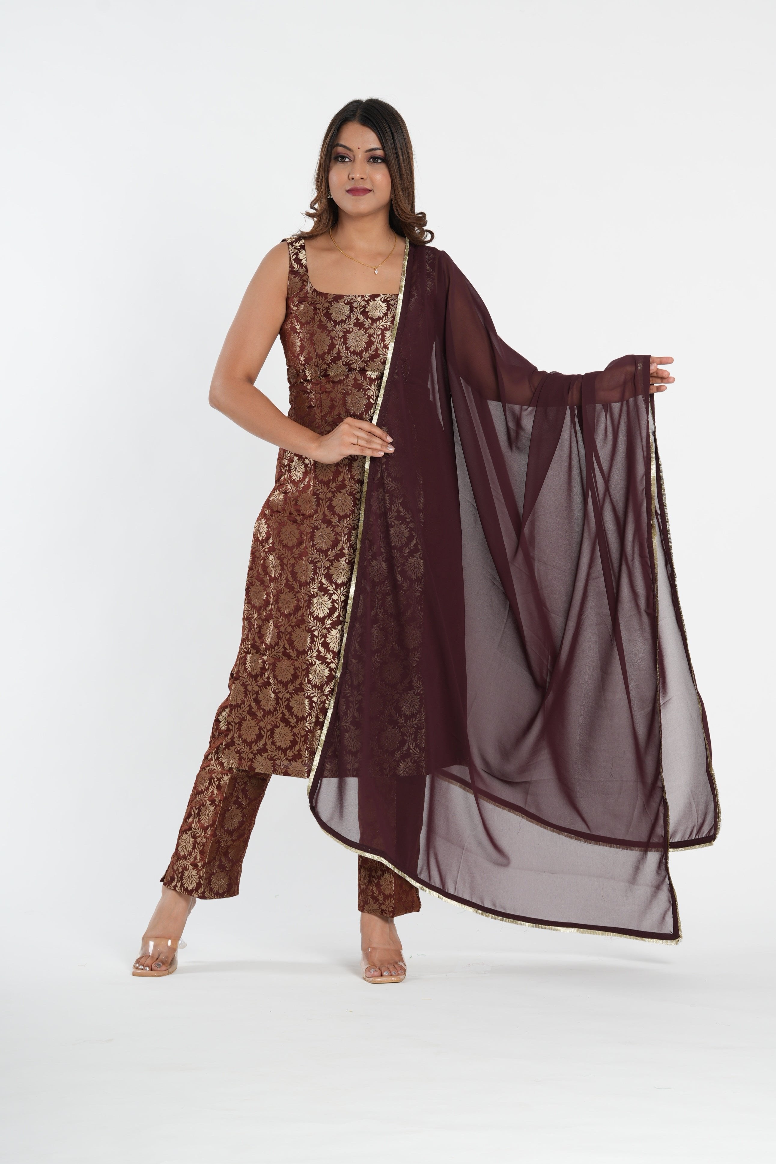 Chocolate Brown Brocade Straight Kurta Set
